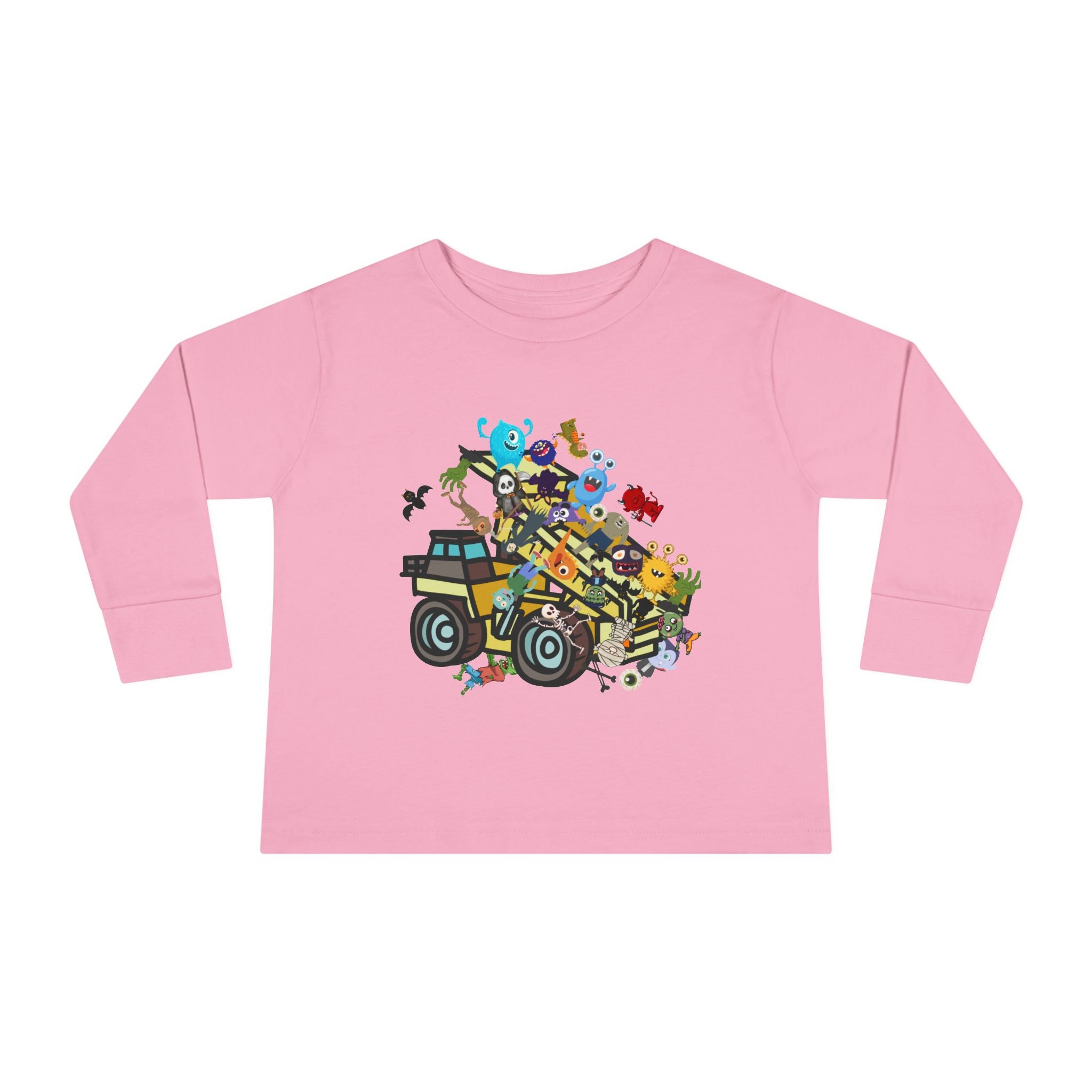 Toddler Long Sleeve Tee, dump truck with monsters & ghouls, 100 percent cotton tee. - Blue Star Merch 