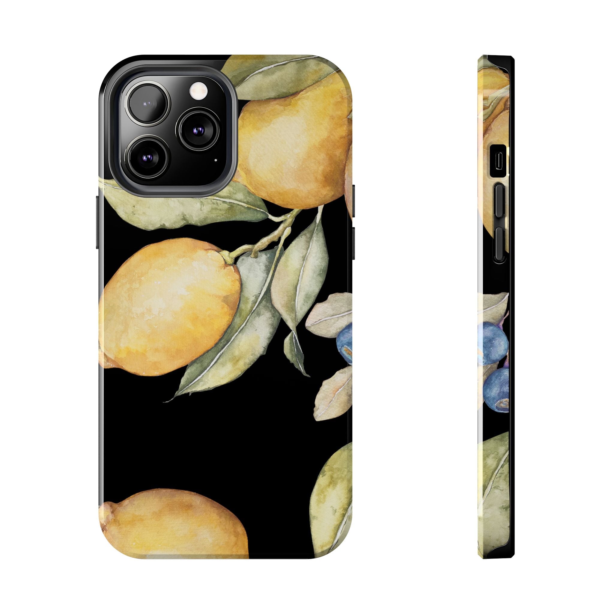 Tough Phone Case for iPhone and Samsung, Lemon floral design, black - Blue Star Merch 