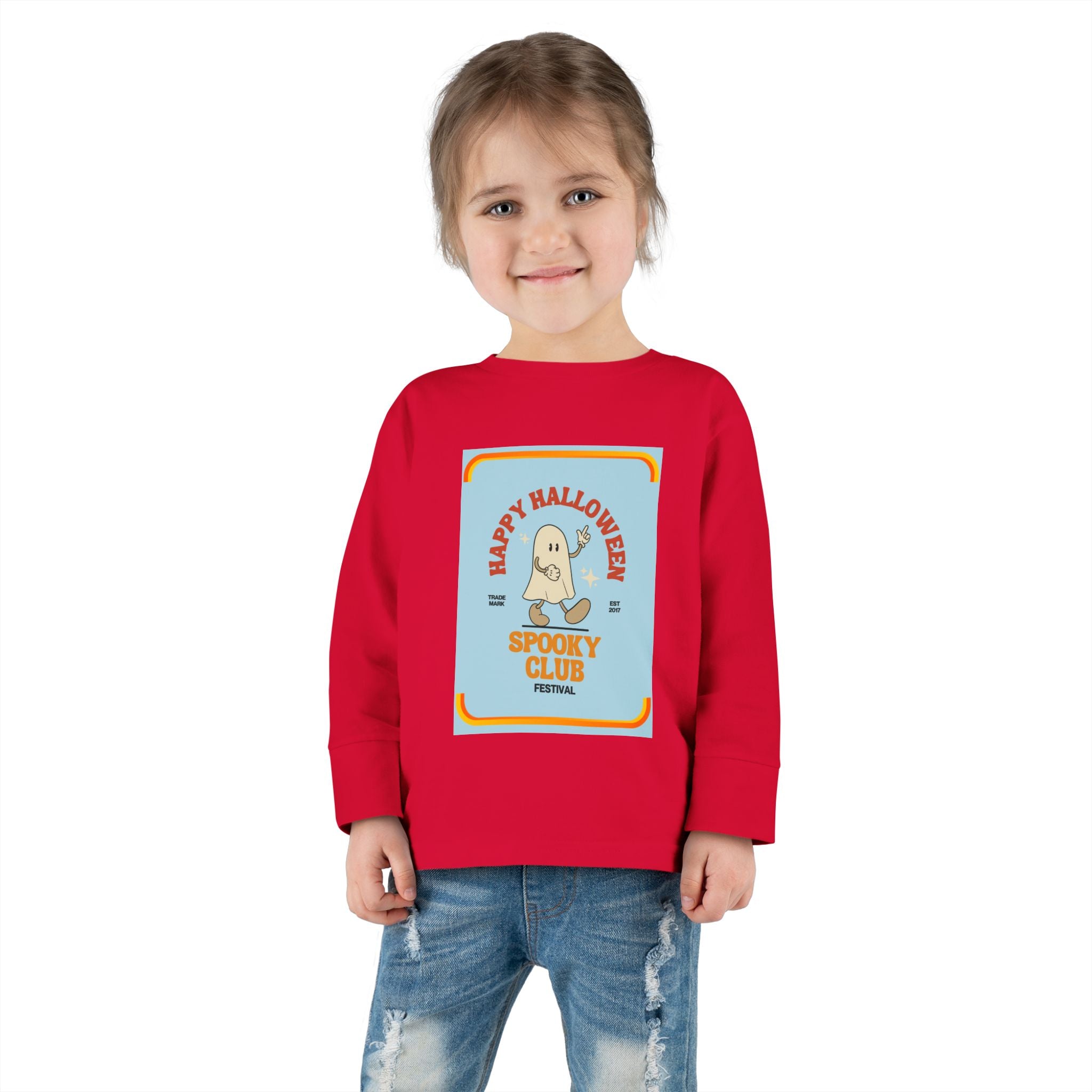 Toddler Long Sleeve Cotton Tee with Spooky Ghost Club design, Light weight. - Blue Star Merch 