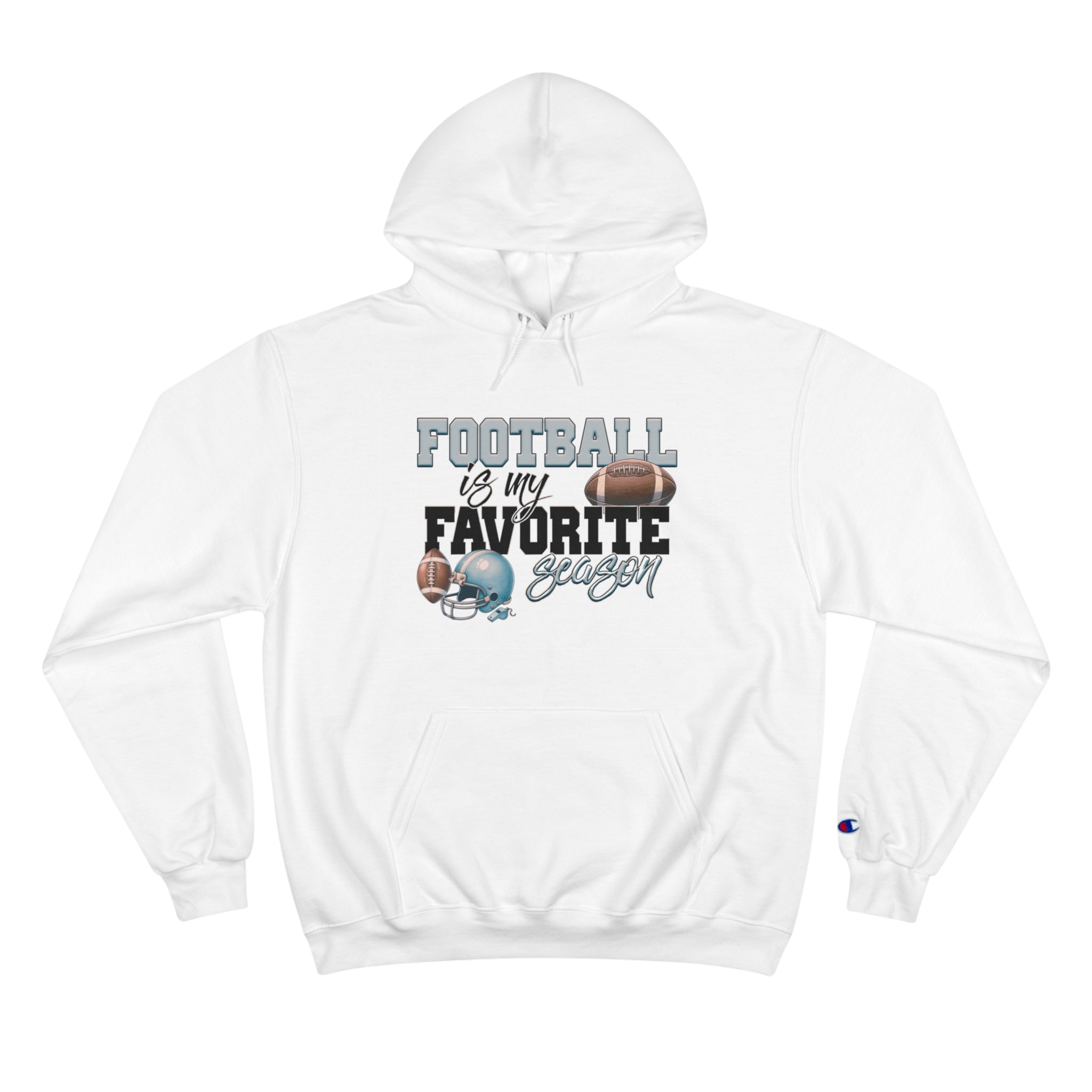 Champion Hoodie with Football Season Theme. Cotton Blend, Medium Weight.