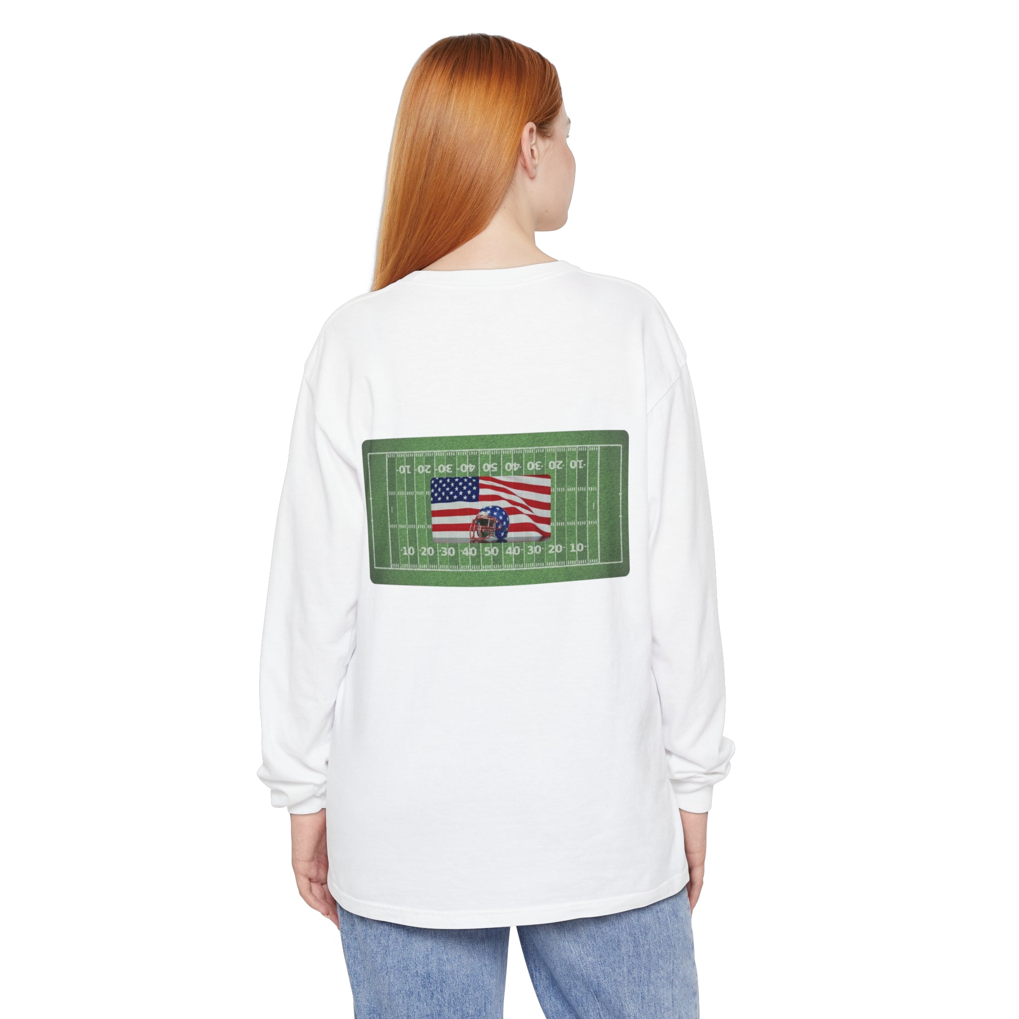 Garment-dyed,  Long Sleeve  Cotton T-Shirt with Football Helmet and Field on front and back.