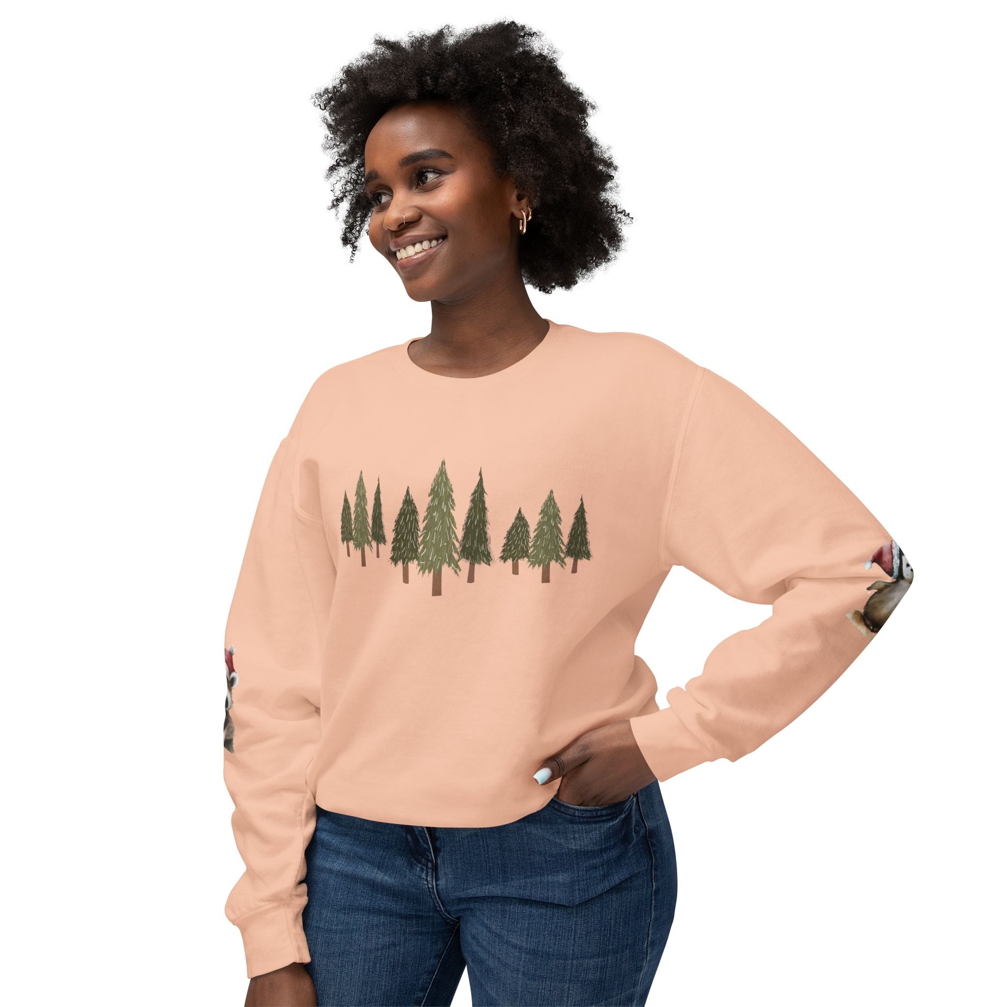 Christmas Trees (on front)  Raccoon & Penguin (on sleeves)  Unisex Cotton Lightweight Crewneck Sweatshirt