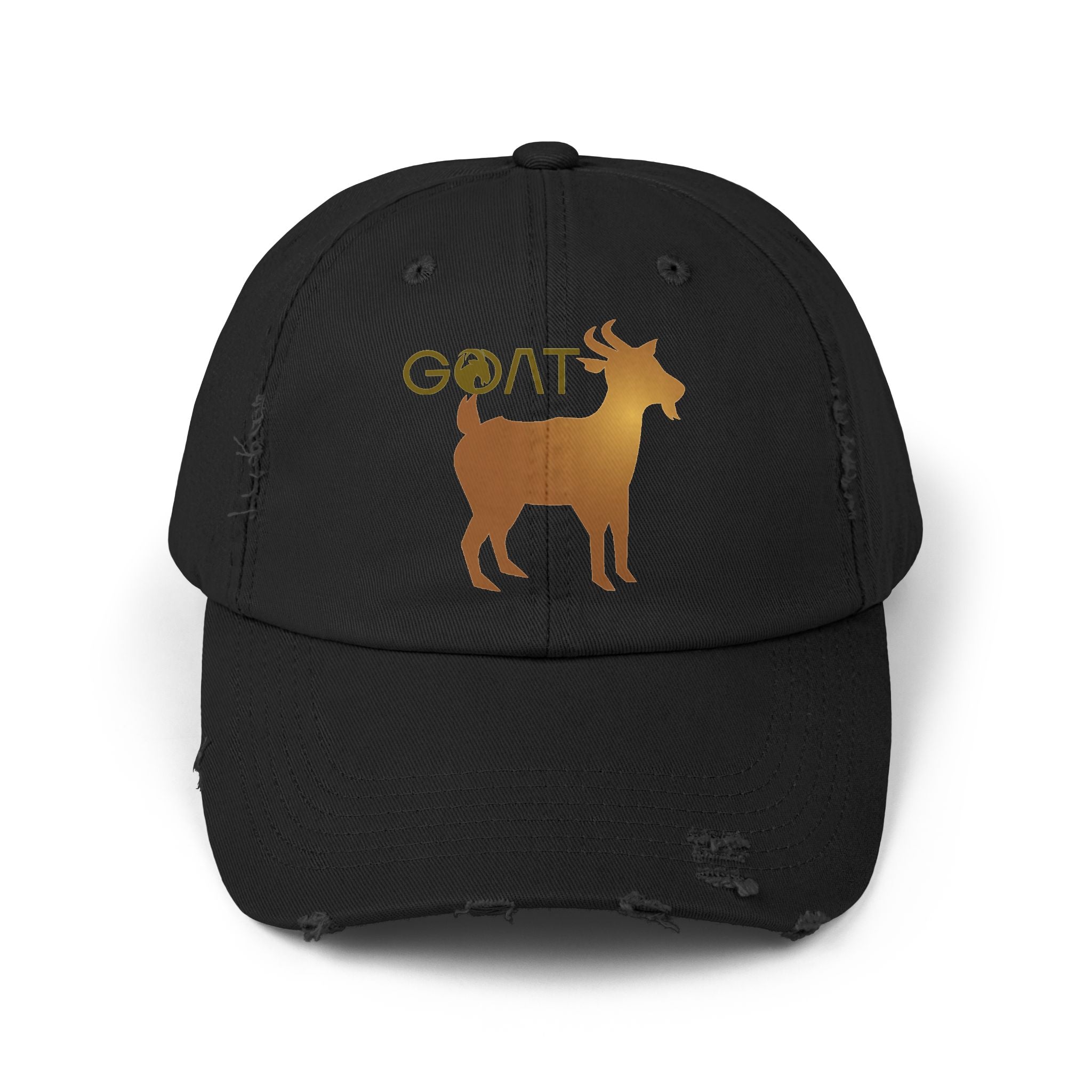 GOAT Unisex Distressed Baseball Cap, Goat Logo, Gold logo, 100% Cotton hat - Blue Star Merch 