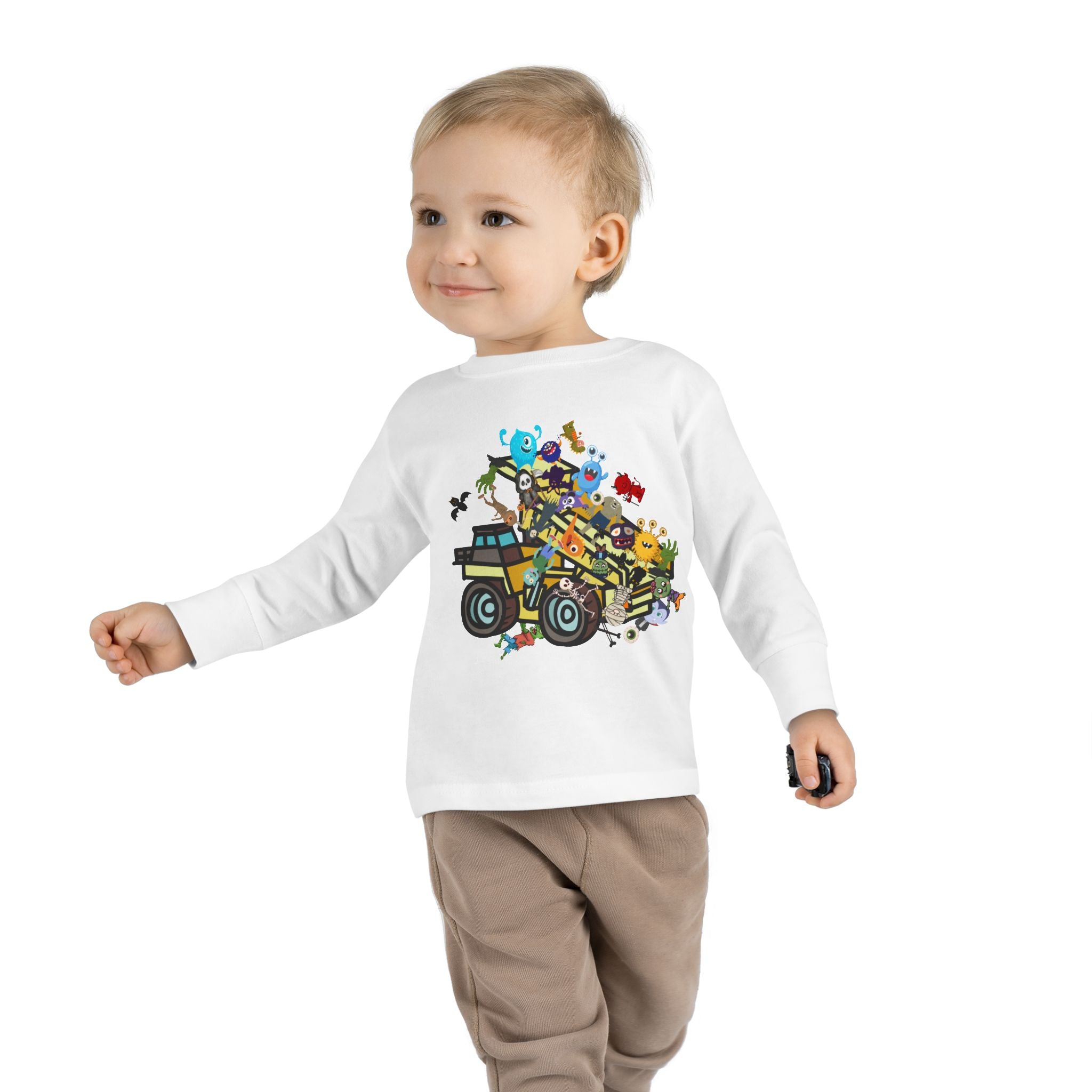 Toddler Long Sleeve Tee, dump truck with monsters & ghouls, 100 percent cotton tee. - Blue Star Merch 