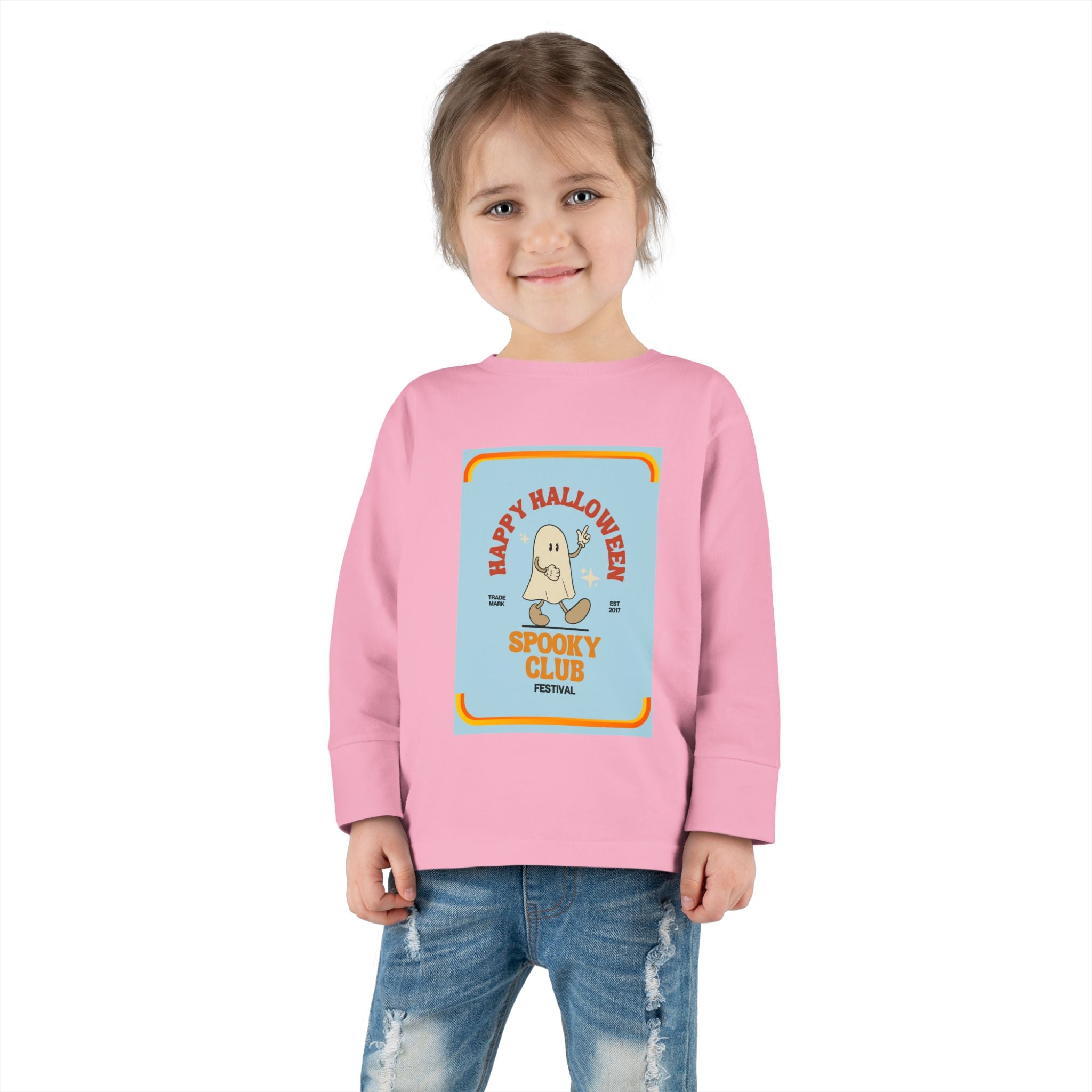 Toddler Long Sleeve Cotton Tee with Spooky Ghost Club design, Light weight. - Blue Star Merch 