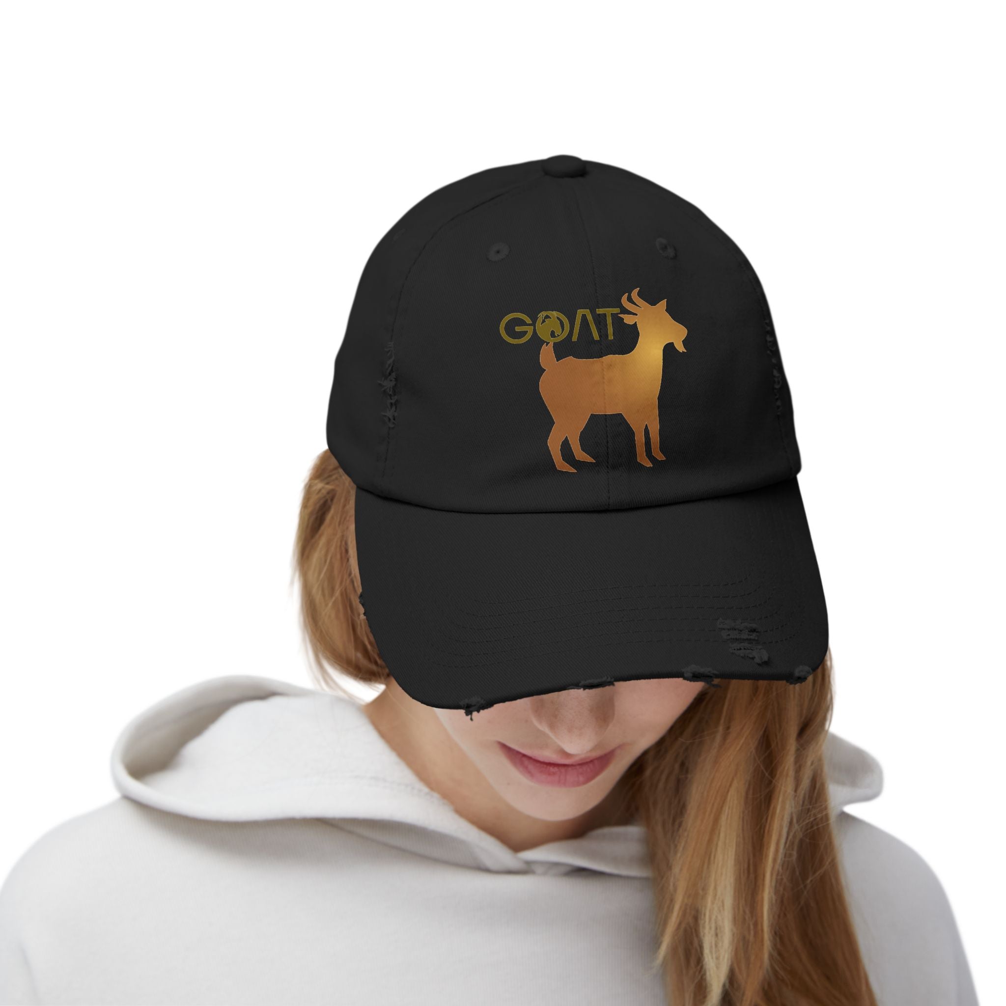 GOAT Unisex Distressed Baseball Cap, Goat Logo, Gold logo, 100% Cotton hat - Blue Star Merch 