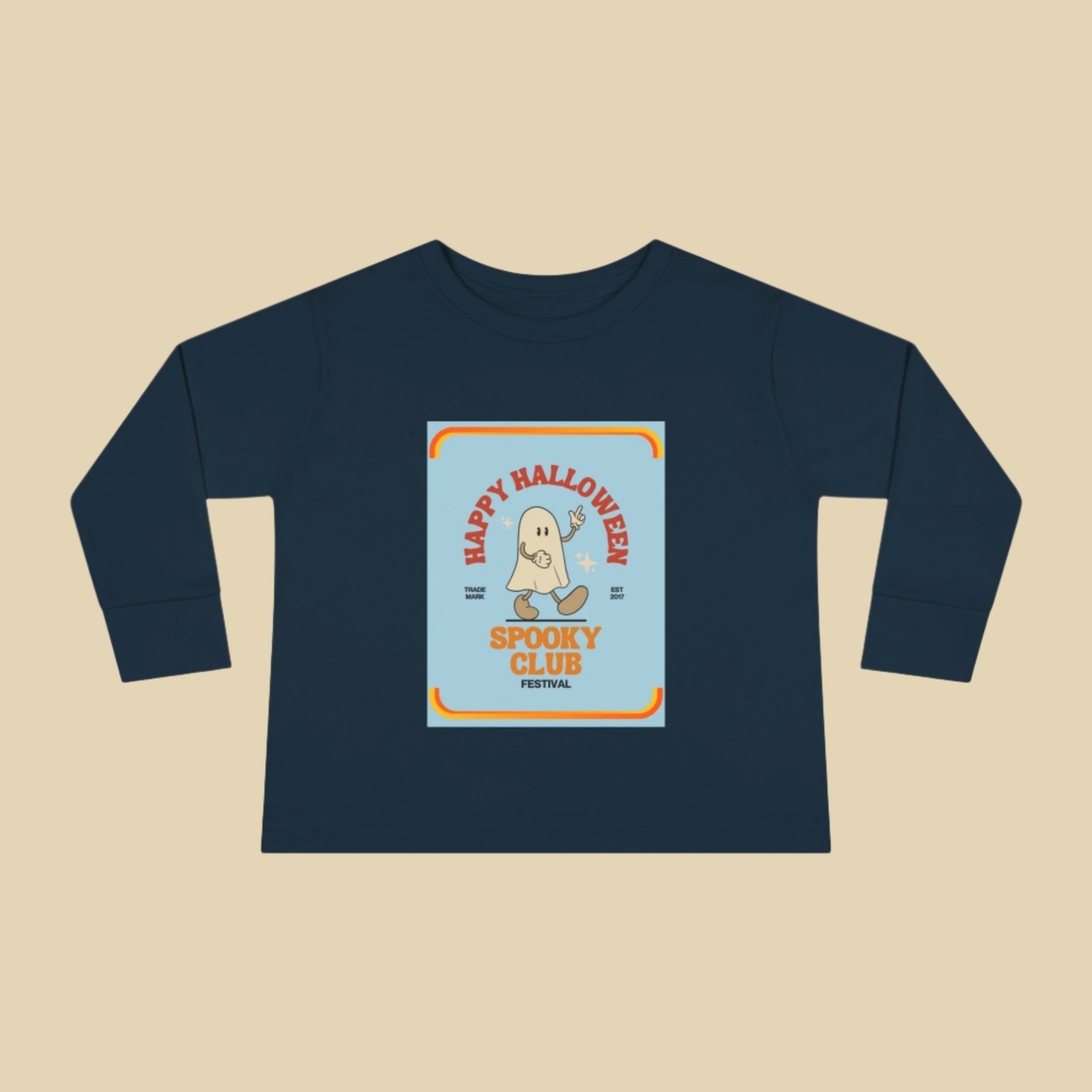 Toddler Long Sleeve Cotton Tee with Spooky Ghost Club design, Light weight. - Blue Star Merch 