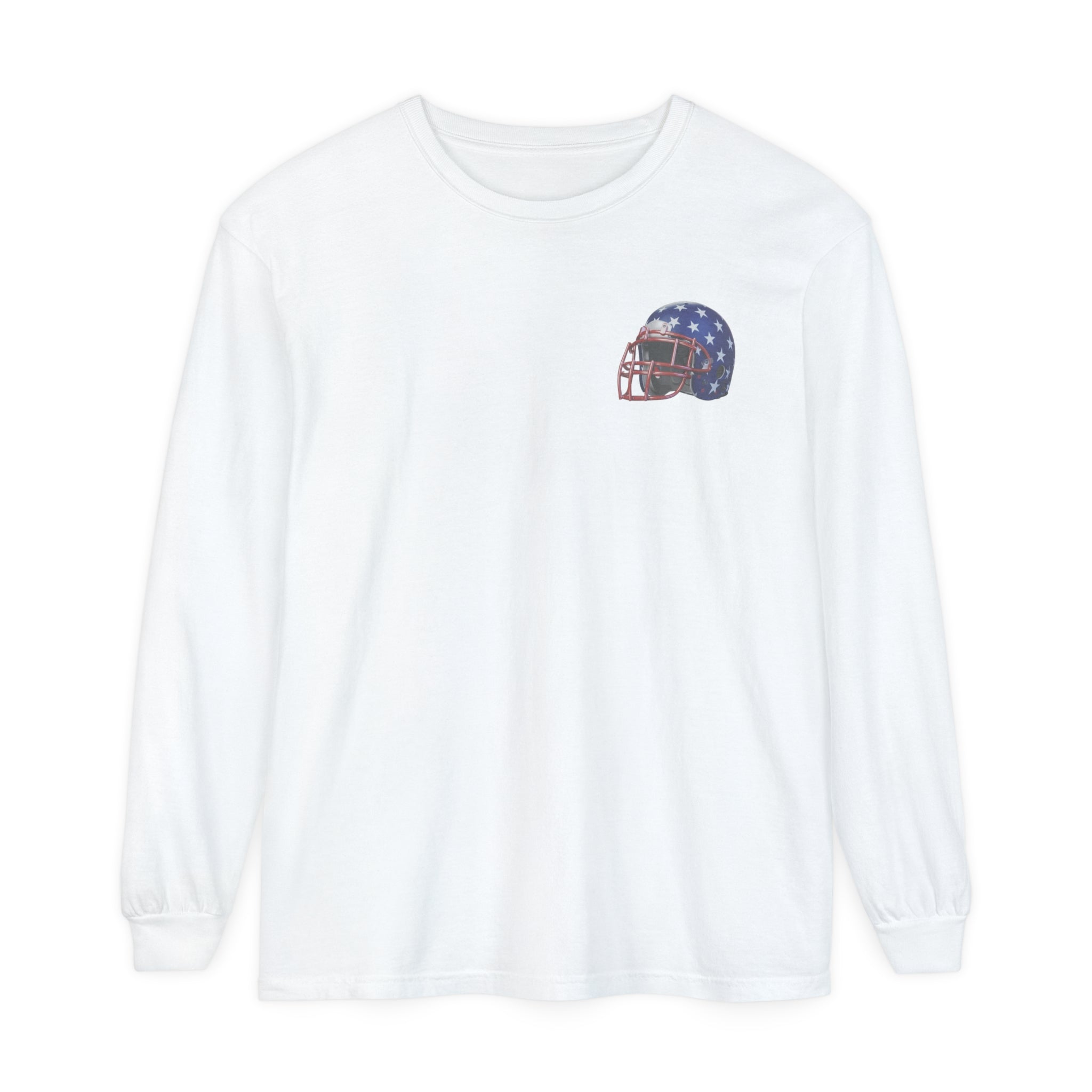 Garment-dyed,  Long Sleeve  Cotton T-Shirt with Football Helmet and Field on front and back.