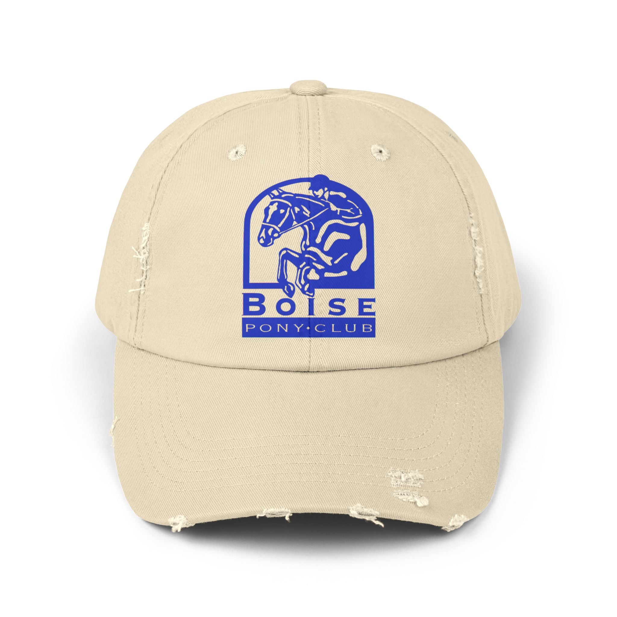 Unisex Distressed Cap for Boise Pony Club available in Stone or Scotland Blue with royal blue logo