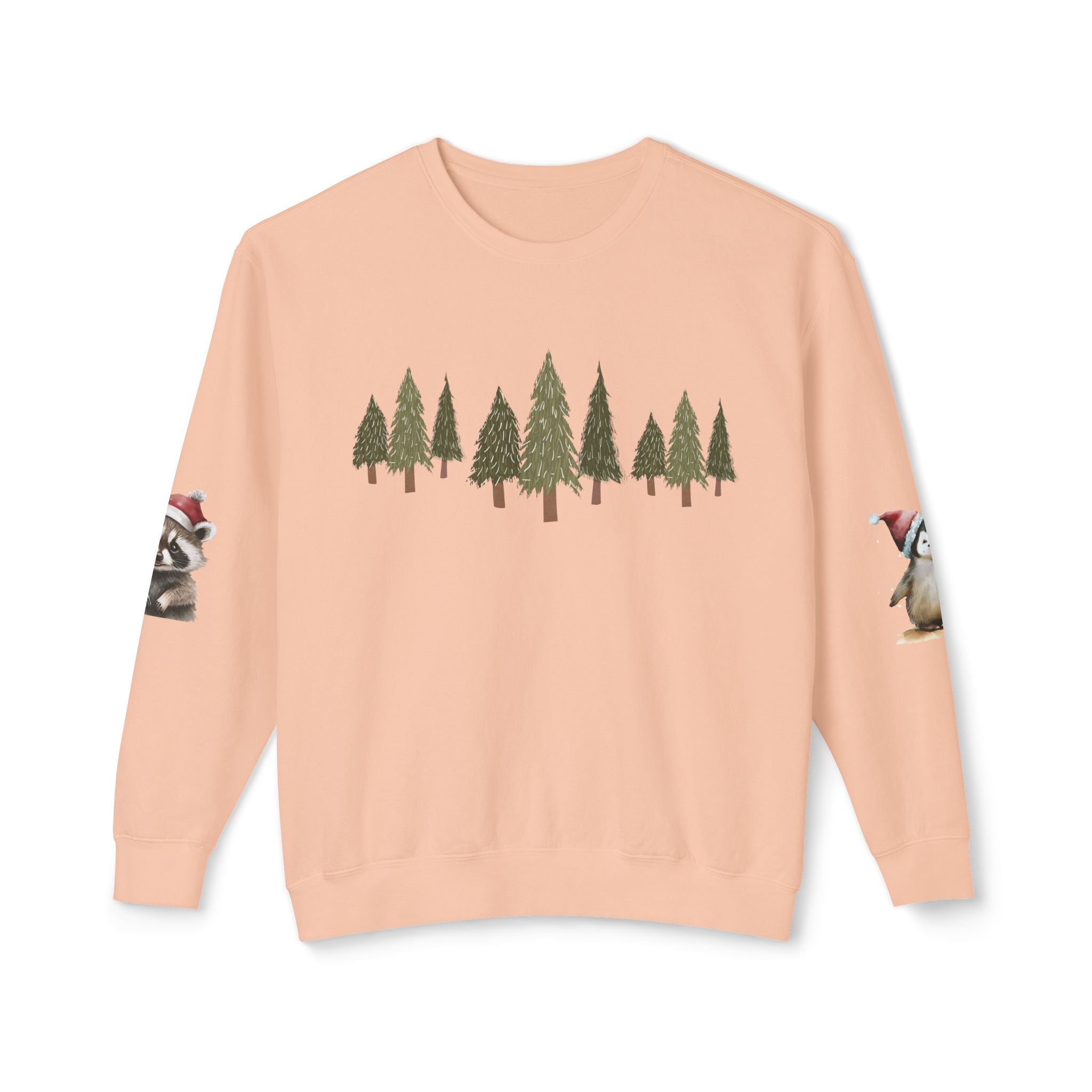 Christmas Trees (on front)  Raccoon & Penguin (on sleeves)  Unisex Cotton Lightweight Crewneck Sweatshirt