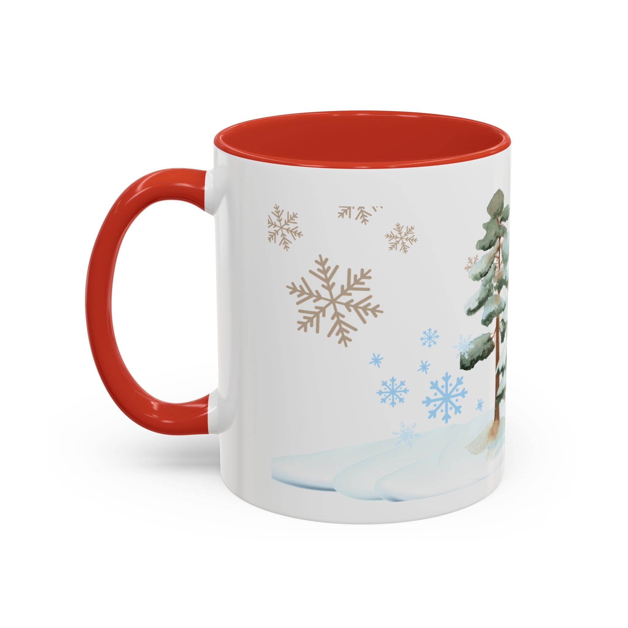 Winter trees & Snowflakes on Accent Coffee Mug (11, 15oz)in blue and red.