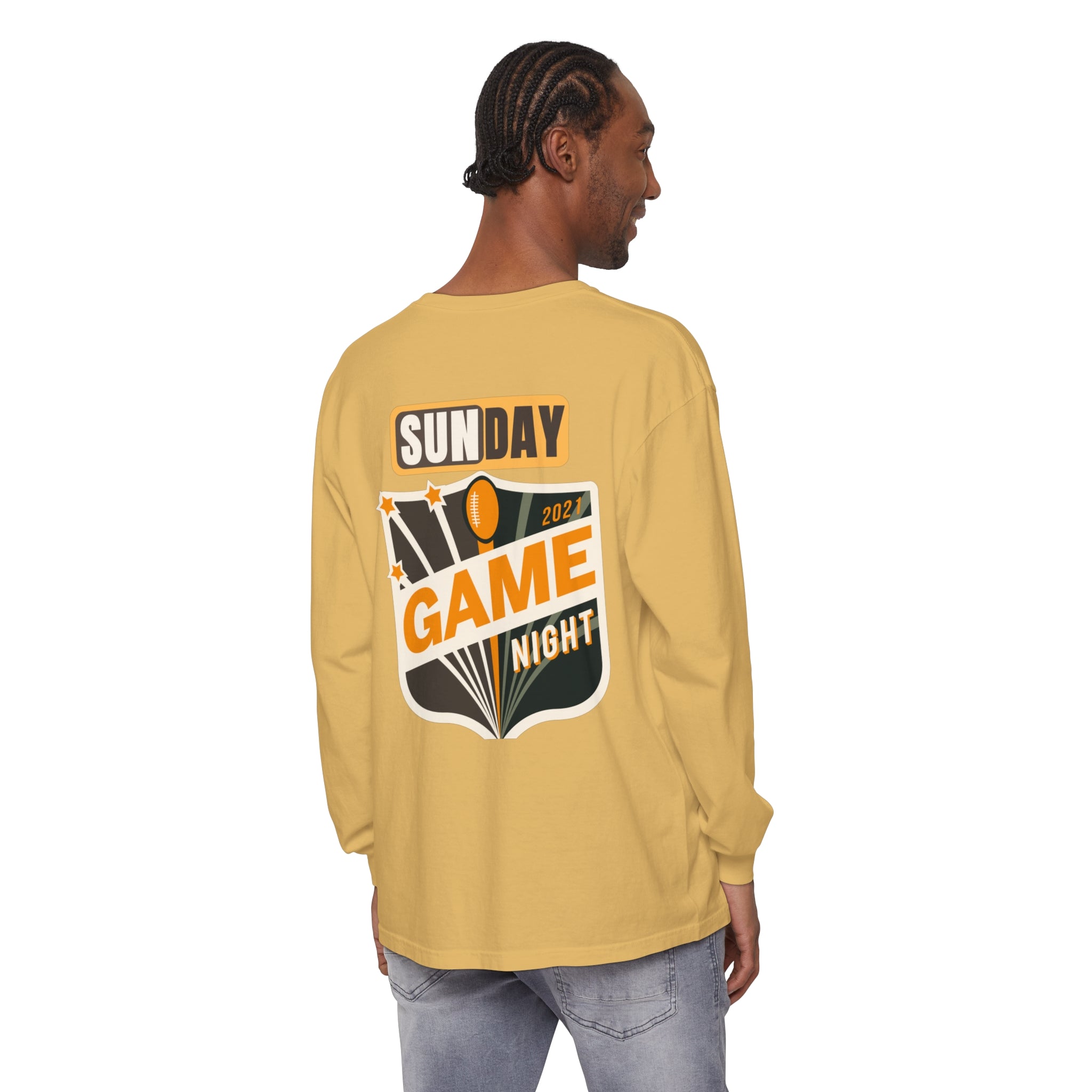 Men's  Garment-dyed Long Sleeve T-Shirt with Football on front  and Game Day on back. Cotton, Medium Weight.