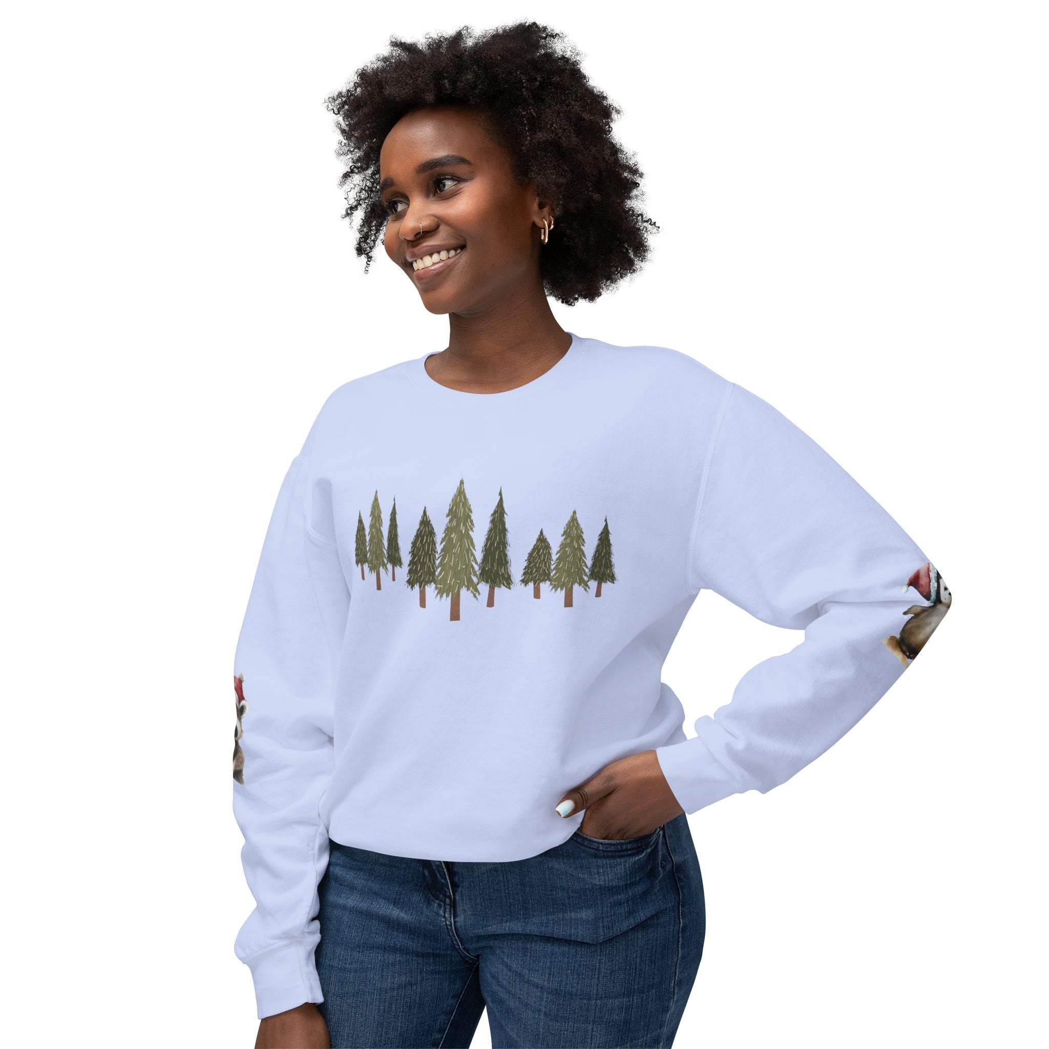 Christmas Trees (on front)  Raccoon & Penguin (on sleeves)  Unisex Cotton Lightweight Crewneck Sweatshirt