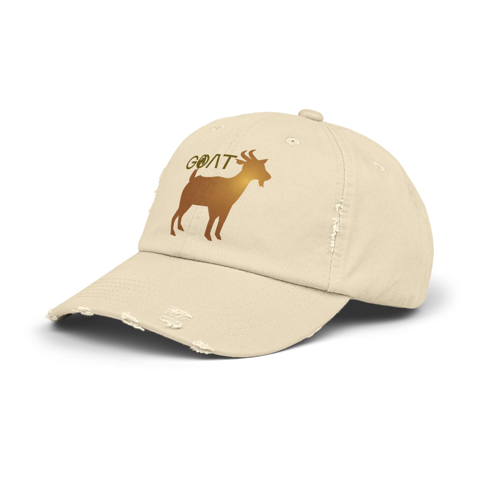 GOAT Unisex Distressed Baseball Cap, Goat Logo, Gold logo, 100% Cotton hat - Blue Star Merch 