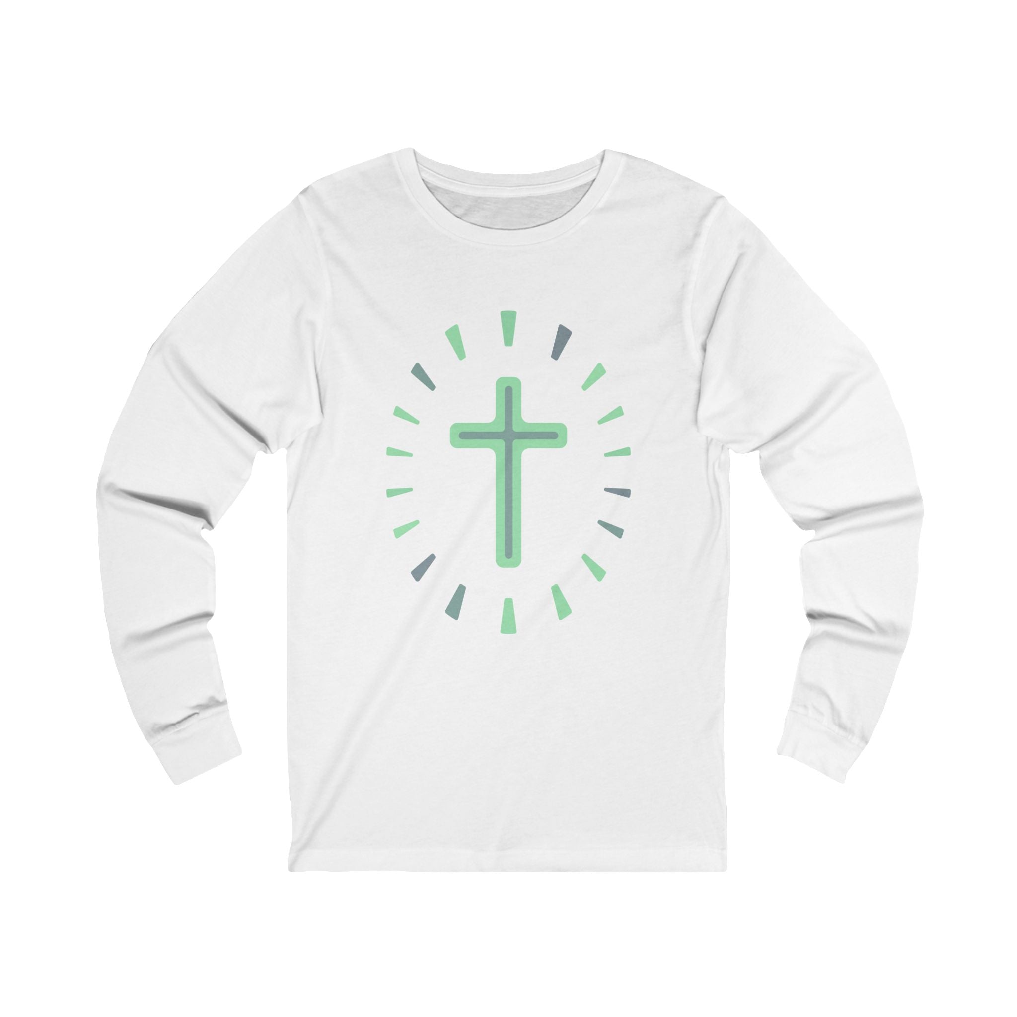 Green Cross Design,  Unisex Jersey Long Sleeve Tee, Cotton light weight fabric. Faith based tee shirt