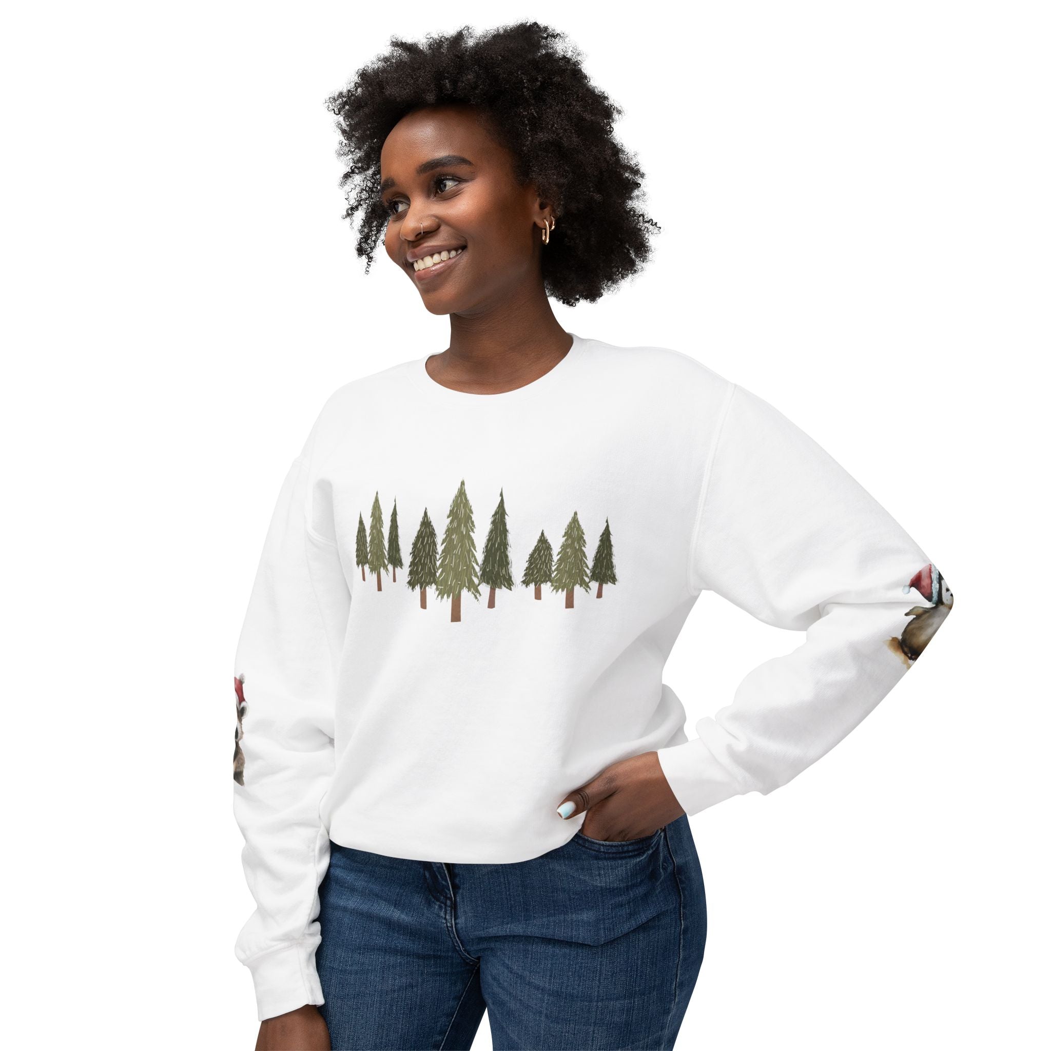 Christmas Trees (on front)  Raccoon & Penguin (on sleeves)  Unisex Cotton Lightweight Crewneck Sweatshirt