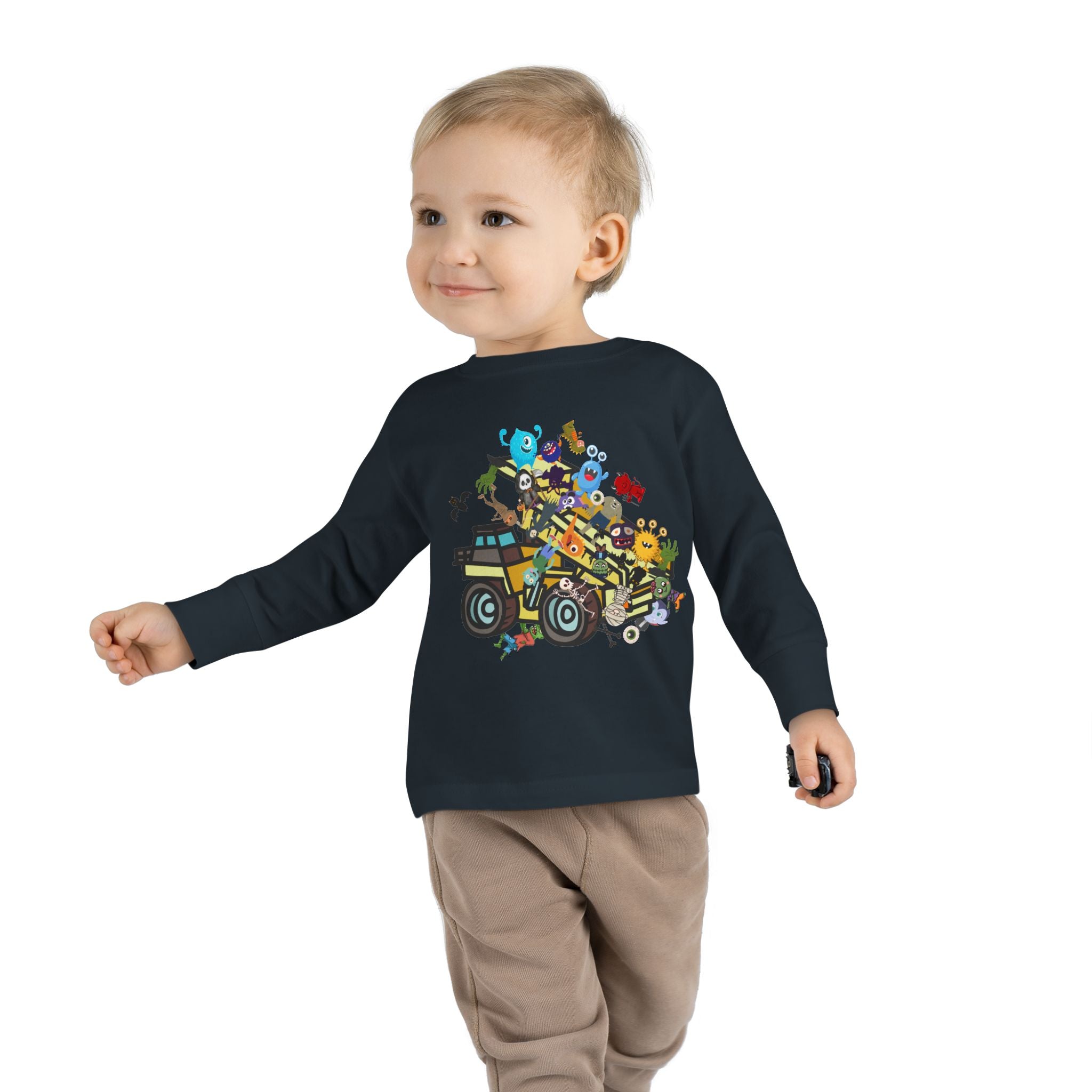 Toddler Long Sleeve Tee, dump truck with monsters & ghouls, 100 percent cotton tee. - Blue Star Merch 