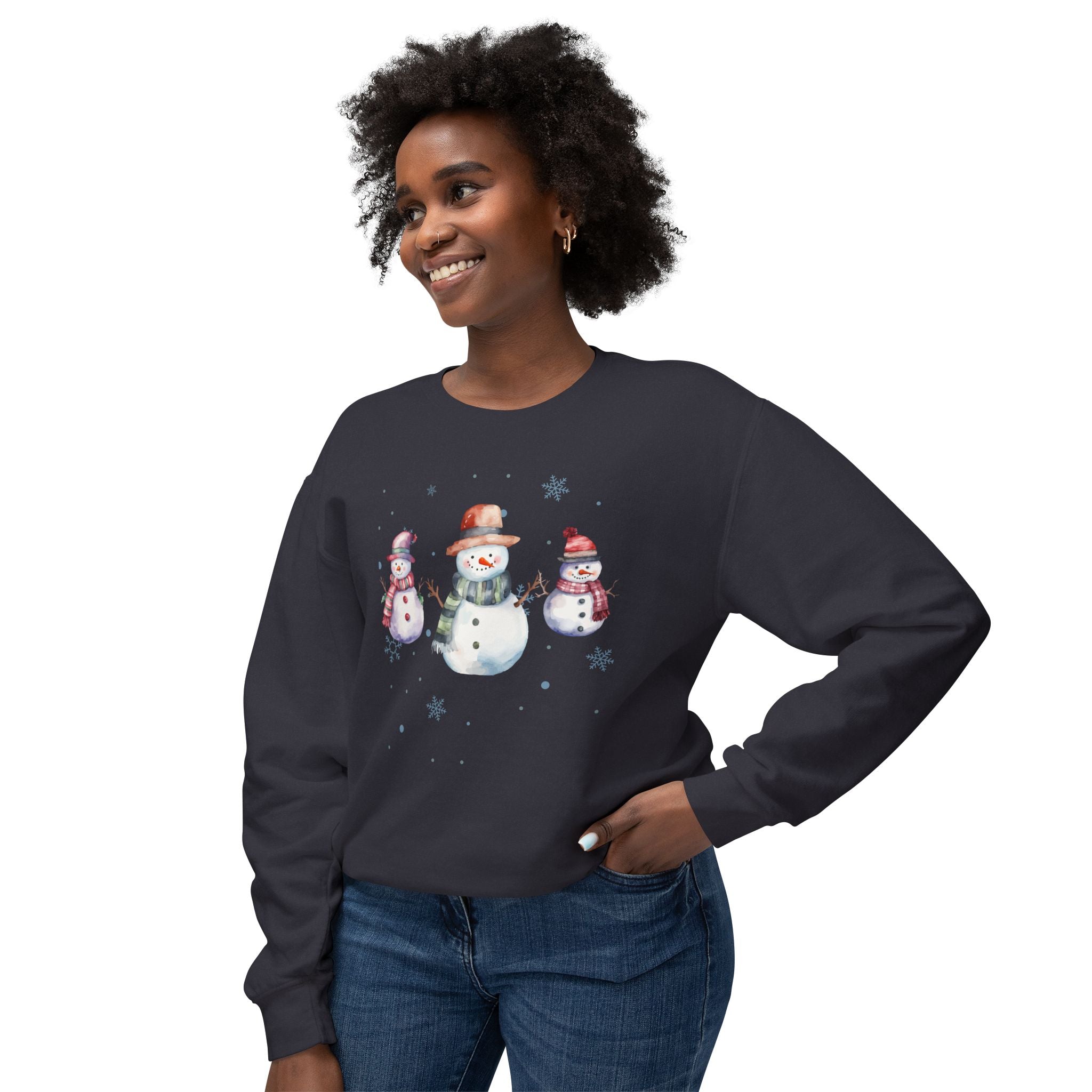 Cozy Snowman and Snowflakes Lightweight Cotton Crewneck Sweatshirt