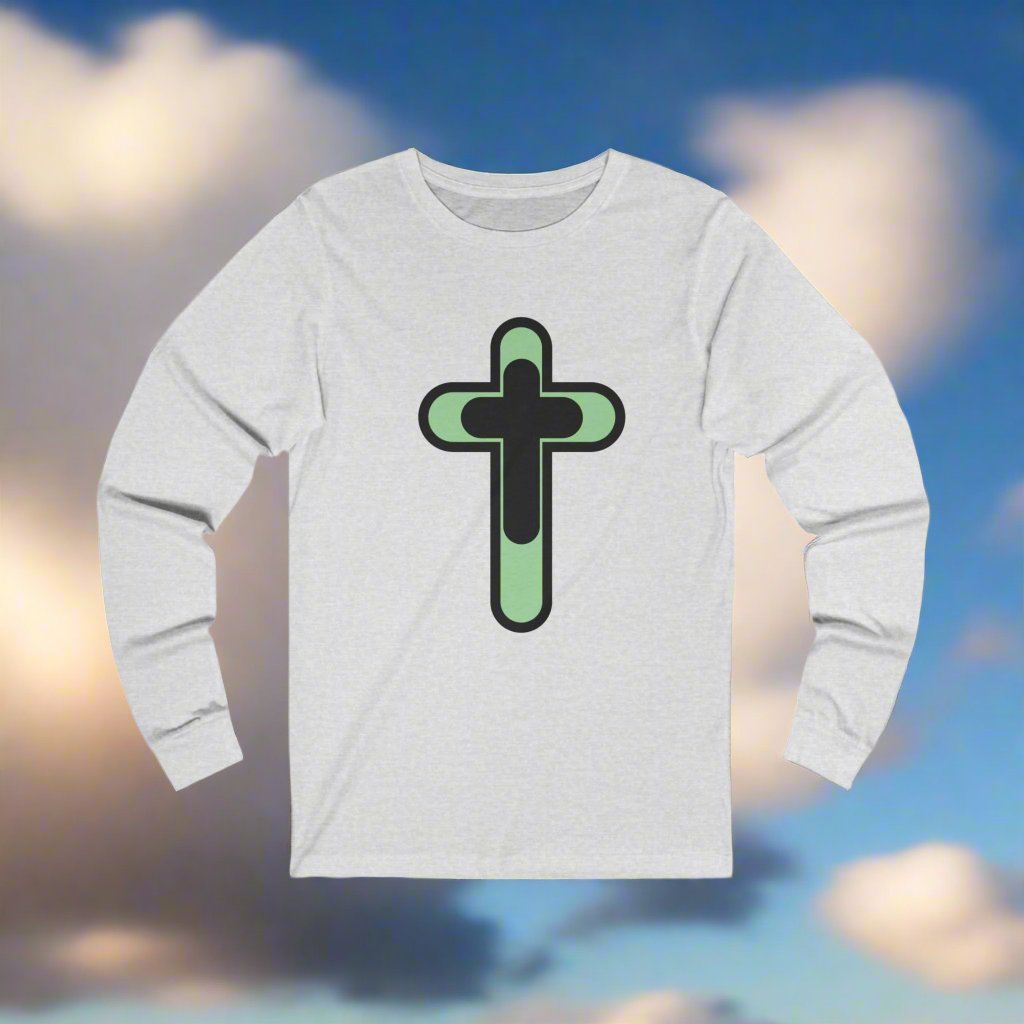 Retro Green "CROSS"  Unisex Jersey Long Sleeve Tee. Light weight Cotton. Faith Based tee shirt