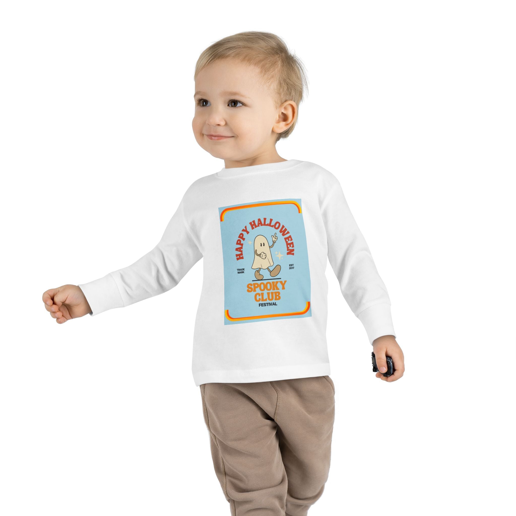 Toddler Long Sleeve Cotton Tee with Spooky Ghost Club design, Light weight. - Blue Star Merch 