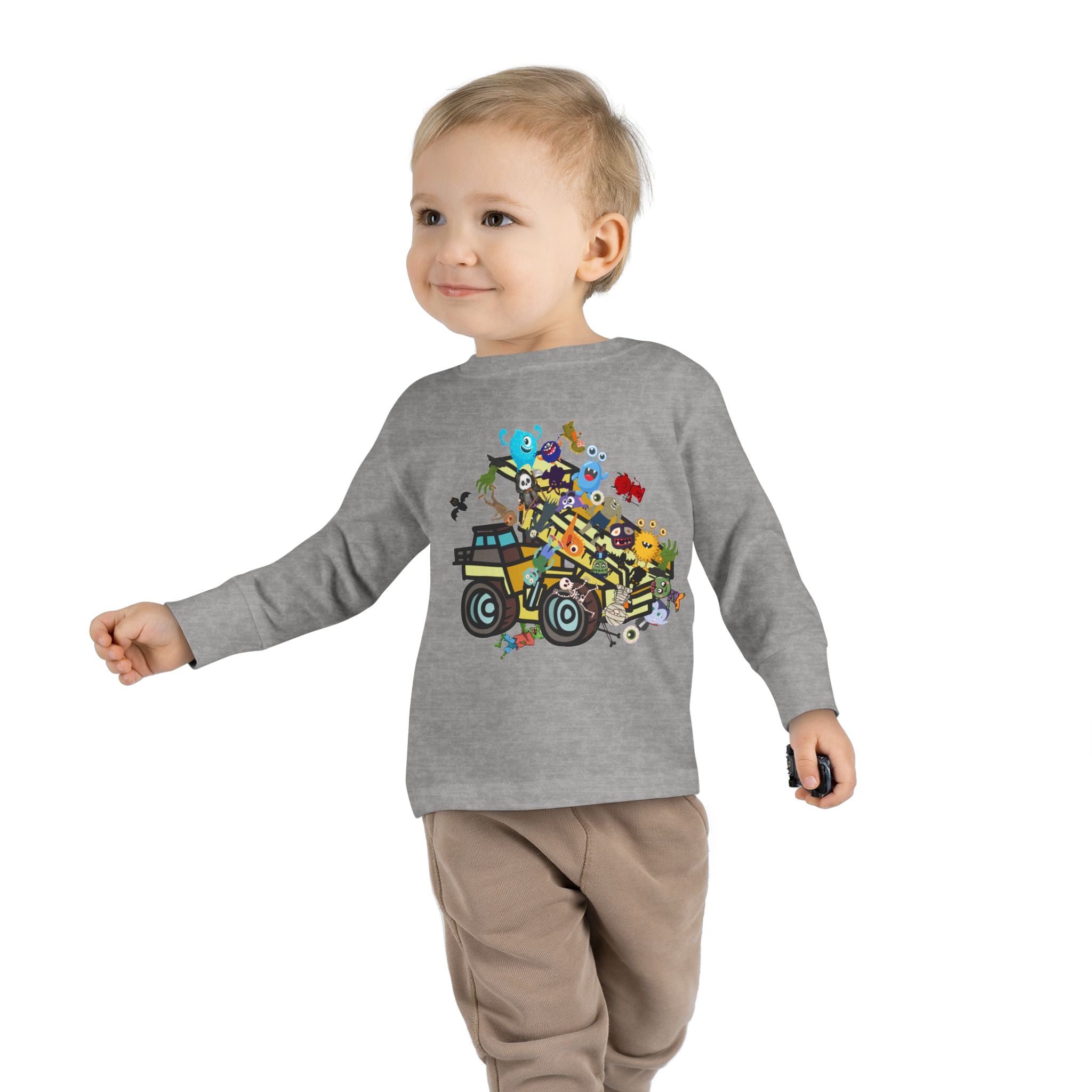 Toddler Long Sleeve Tee, dump truck with monsters & ghouls, 100 percent cotton tee. - Blue Star Merch 