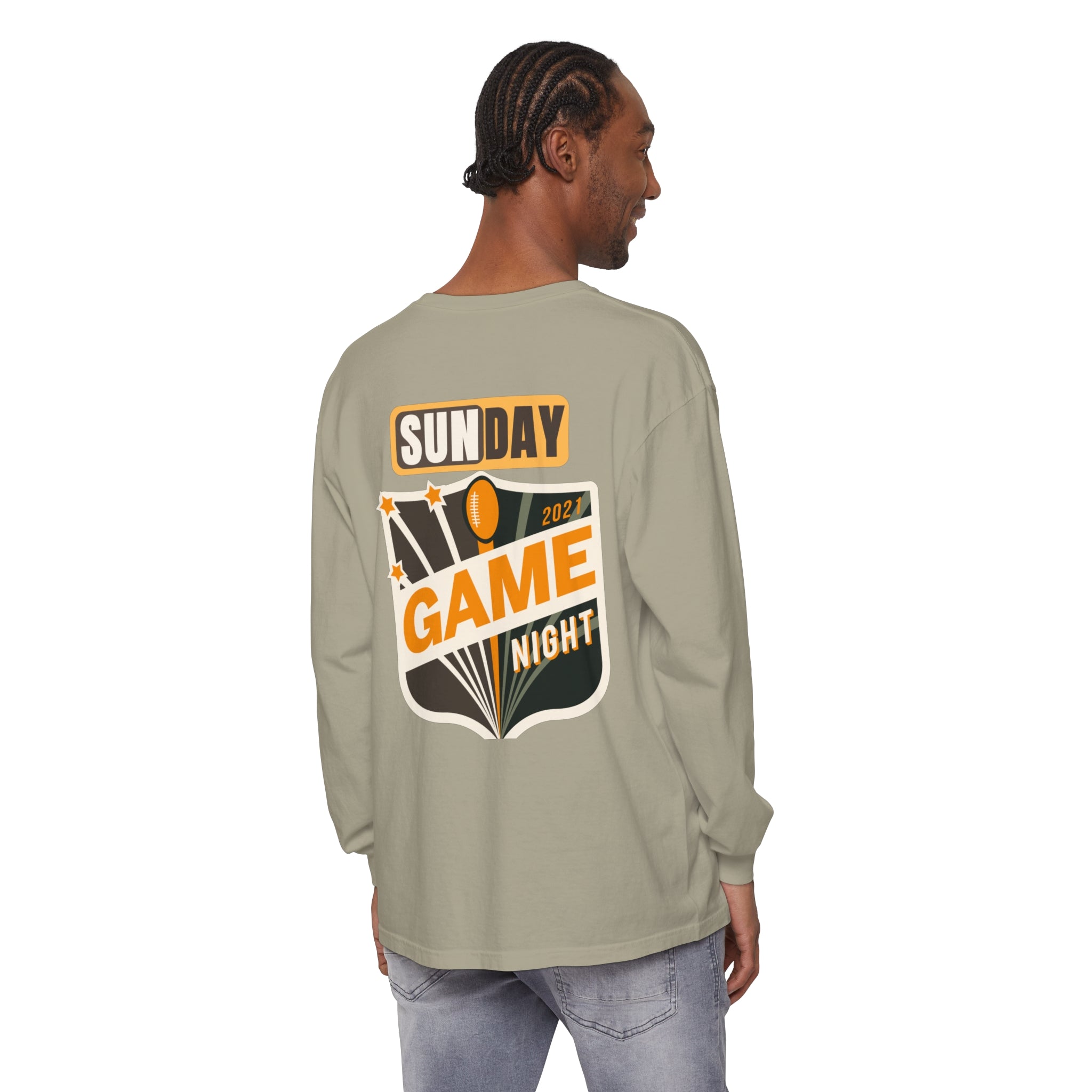 Men's  Garment-dyed Long Sleeve T-Shirt with Football on front  and Game Day on back. Cotton, Medium Weight.