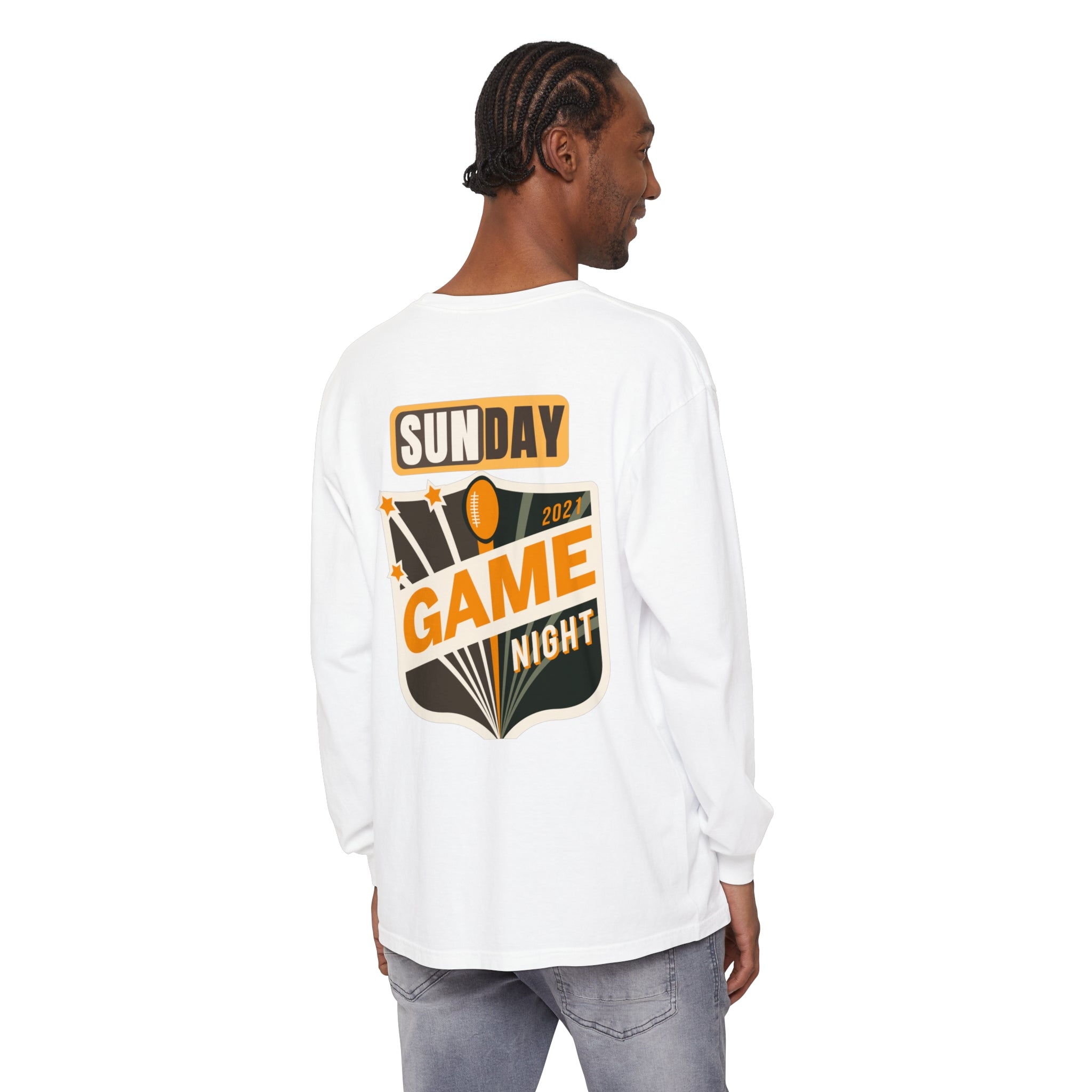 Men's  Garment-dyed Long Sleeve T-Shirt with Football on front  and Game Day on back. Cotton, Medium Weight.