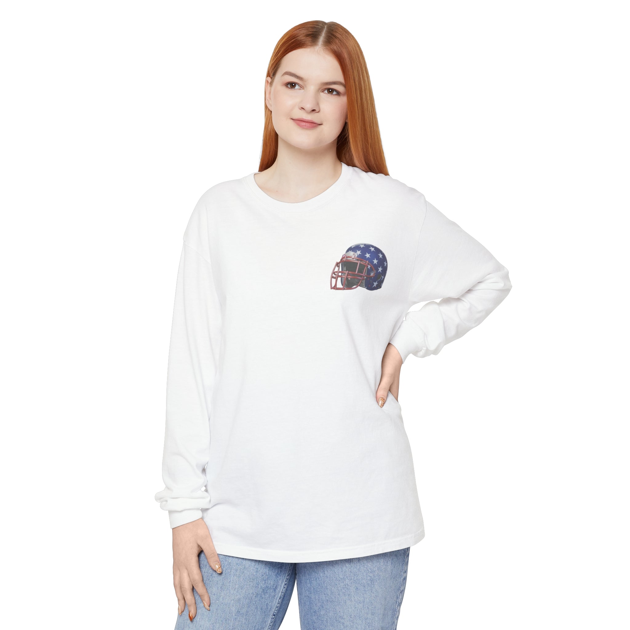 Garment-dyed,  Long Sleeve  Cotton T-Shirt with Football Helmet and Field on front and back.