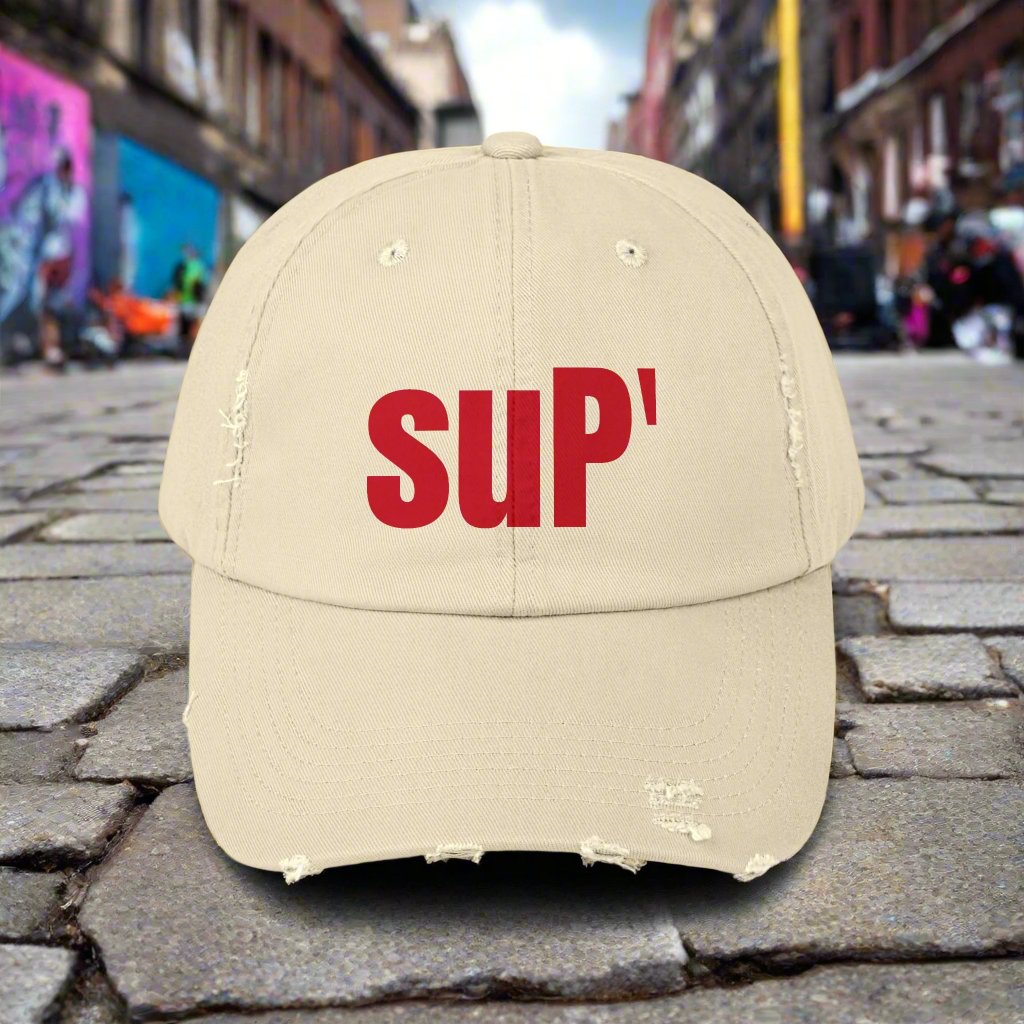 Unisex Distressed Baseball Cap. Sup' Logo, Red lettering, 100% Cotton Twill - Blue Star Merch 