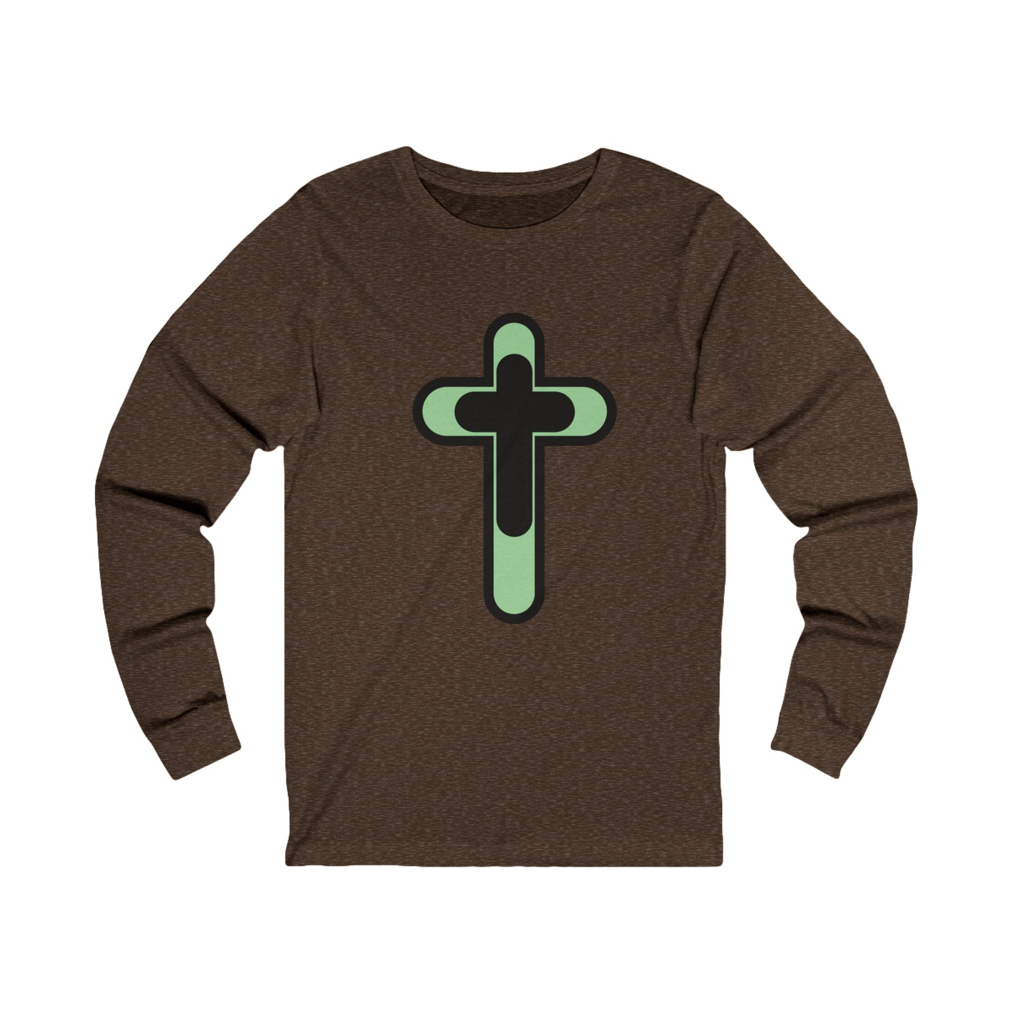 Retro Green "CROSS"  Unisex Jersey Long Sleeve Tee. Light weight Cotton. Faith Based tee shirt