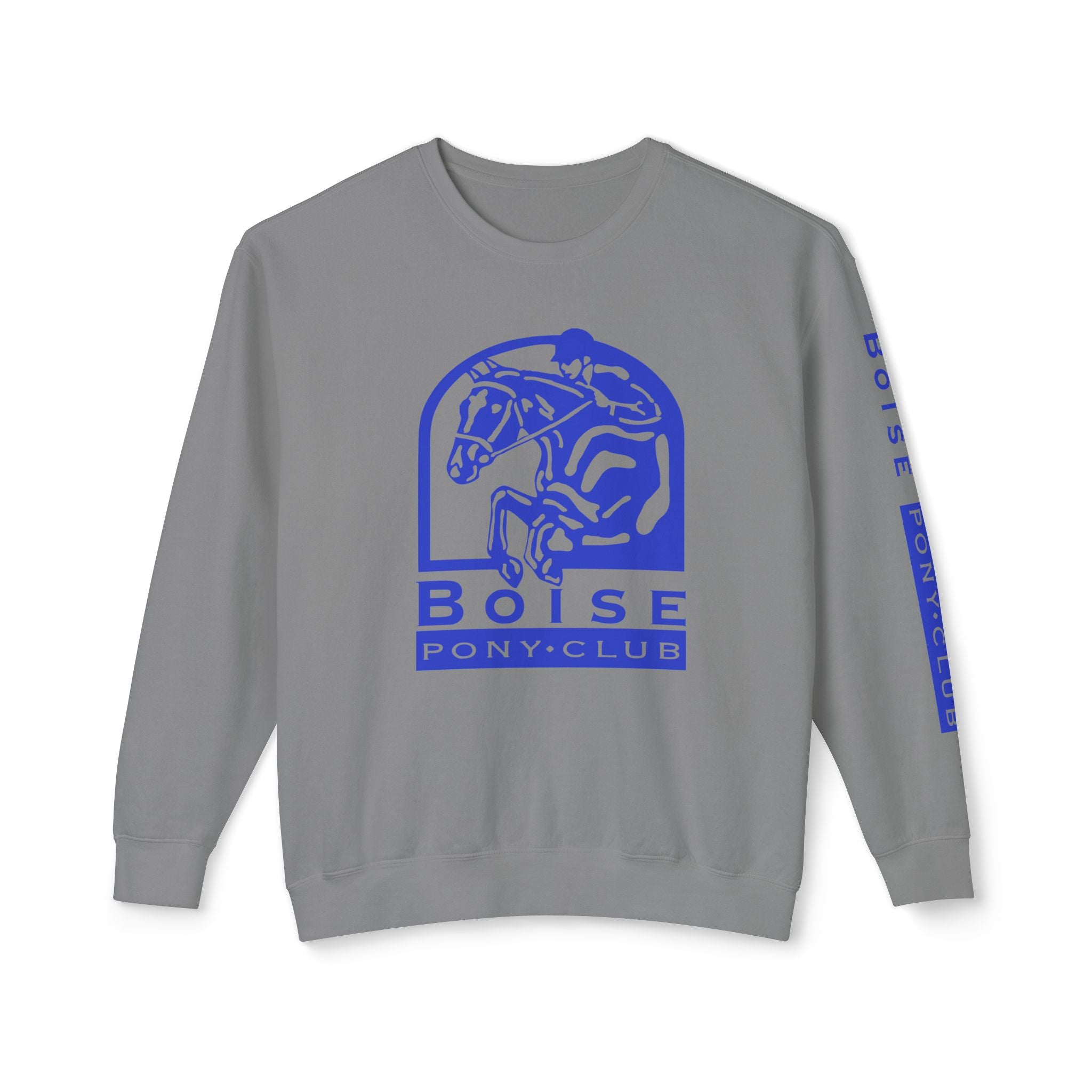 Lightweight  Crewneck Sweatshirt, 100% Cotton, Boise Pony Club on left sleeve and BPC image on front.