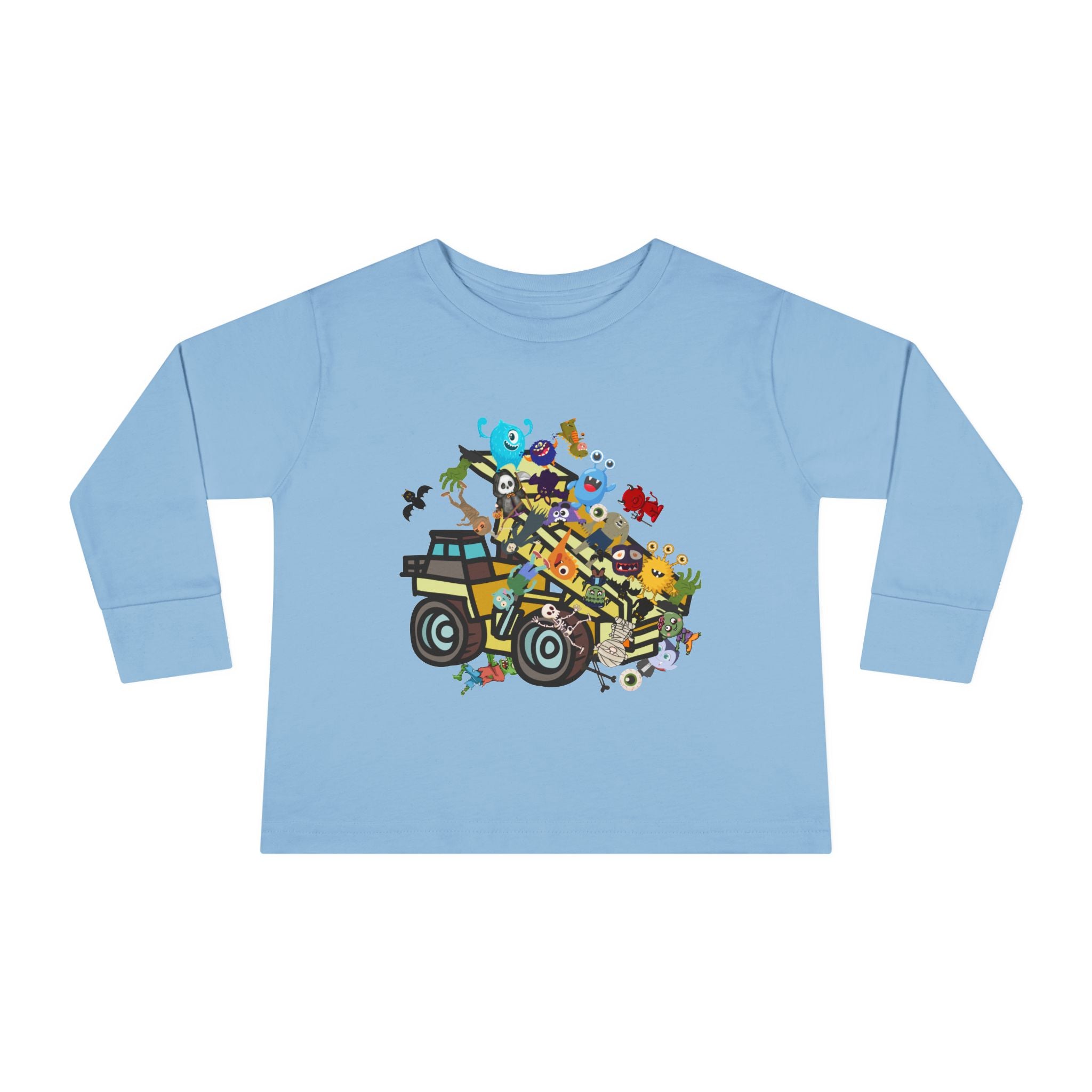 Toddler Long Sleeve Tee, dump truck with monsters & ghouls, 100 percent cotton tee. - Blue Star Merch 