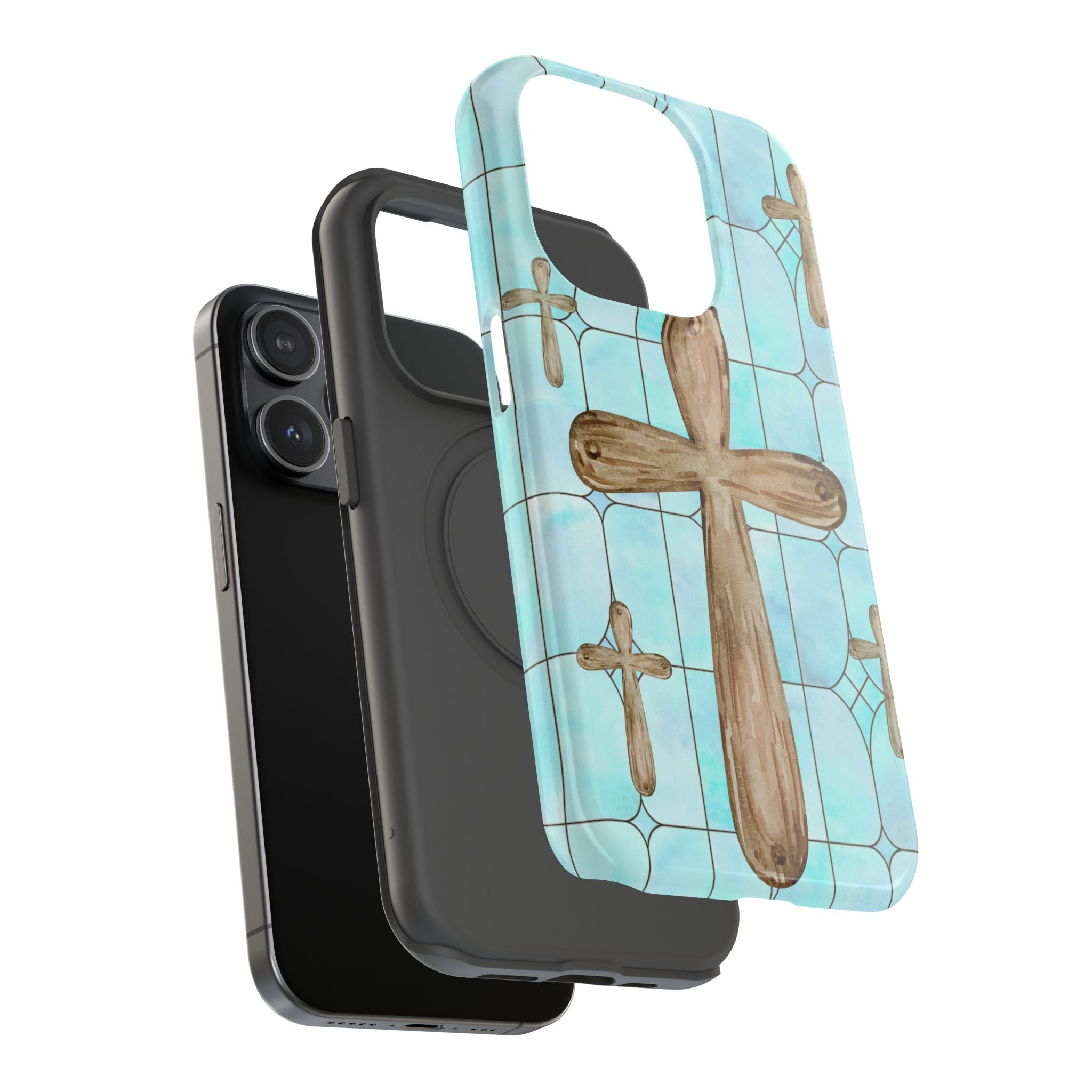 Impact-Resistant Case, Custom Designed Cross with Aqua Blue Stained Glass print, iPhone, Samsung