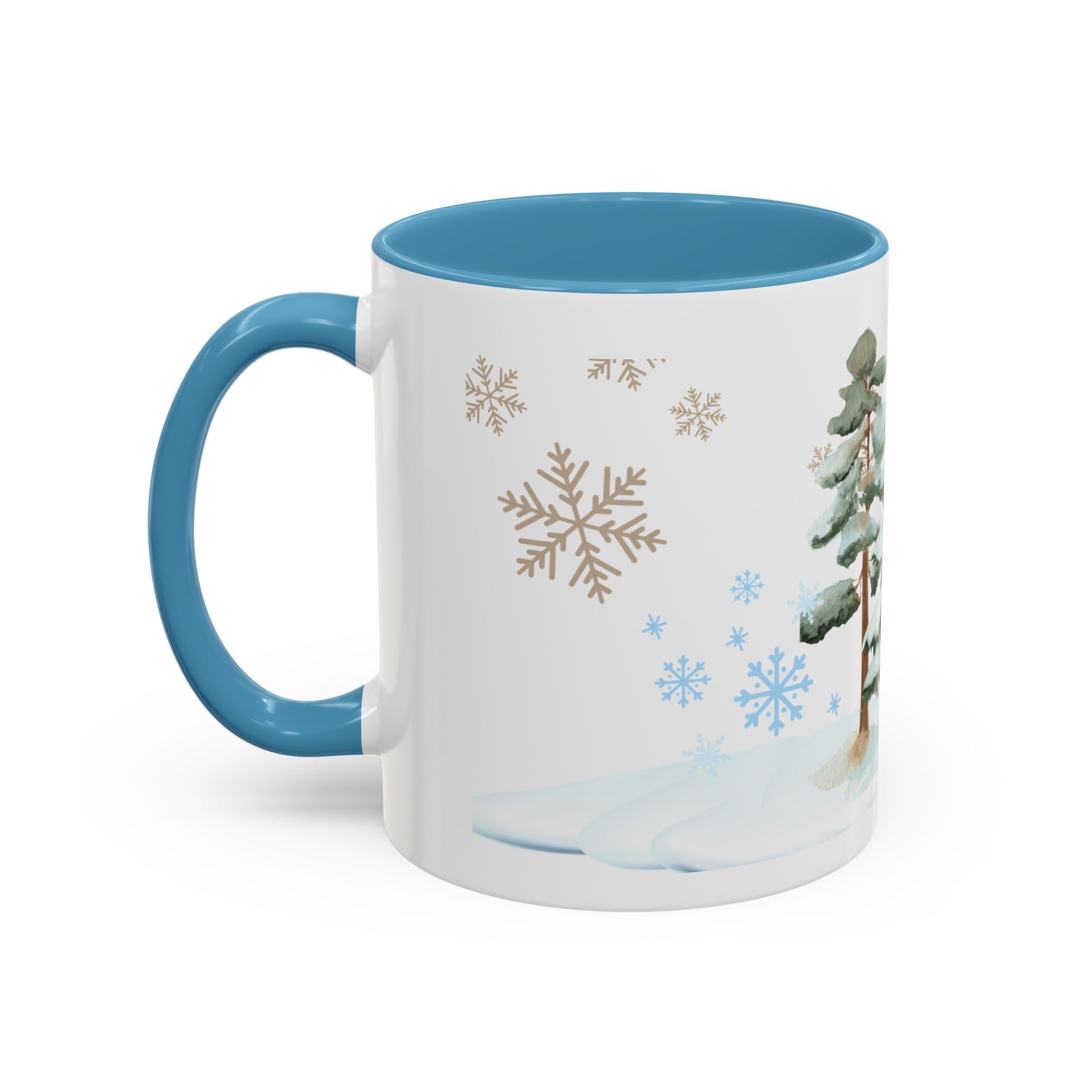 Winter trees & Snowflakes on Accent Coffee Mug (11, 15oz)in blue and red.