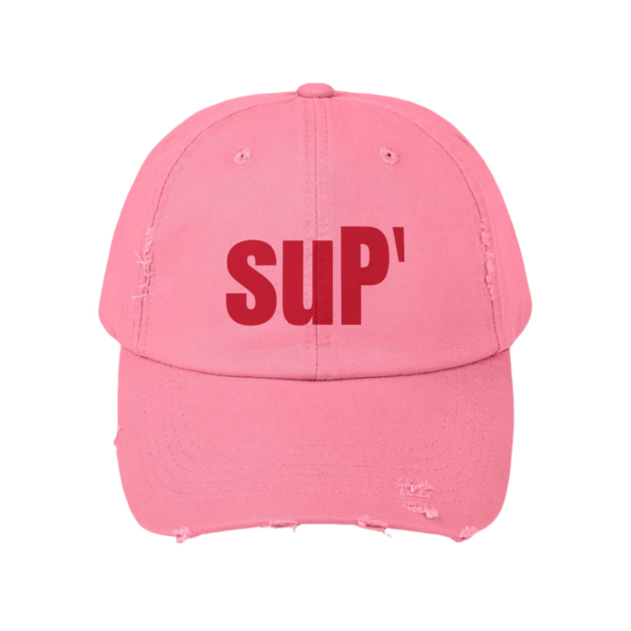 Unisex Distressed Baseball Cap. Sup' Logo, Red lettering, 100% Cotton Twill - Blue Star Merch 