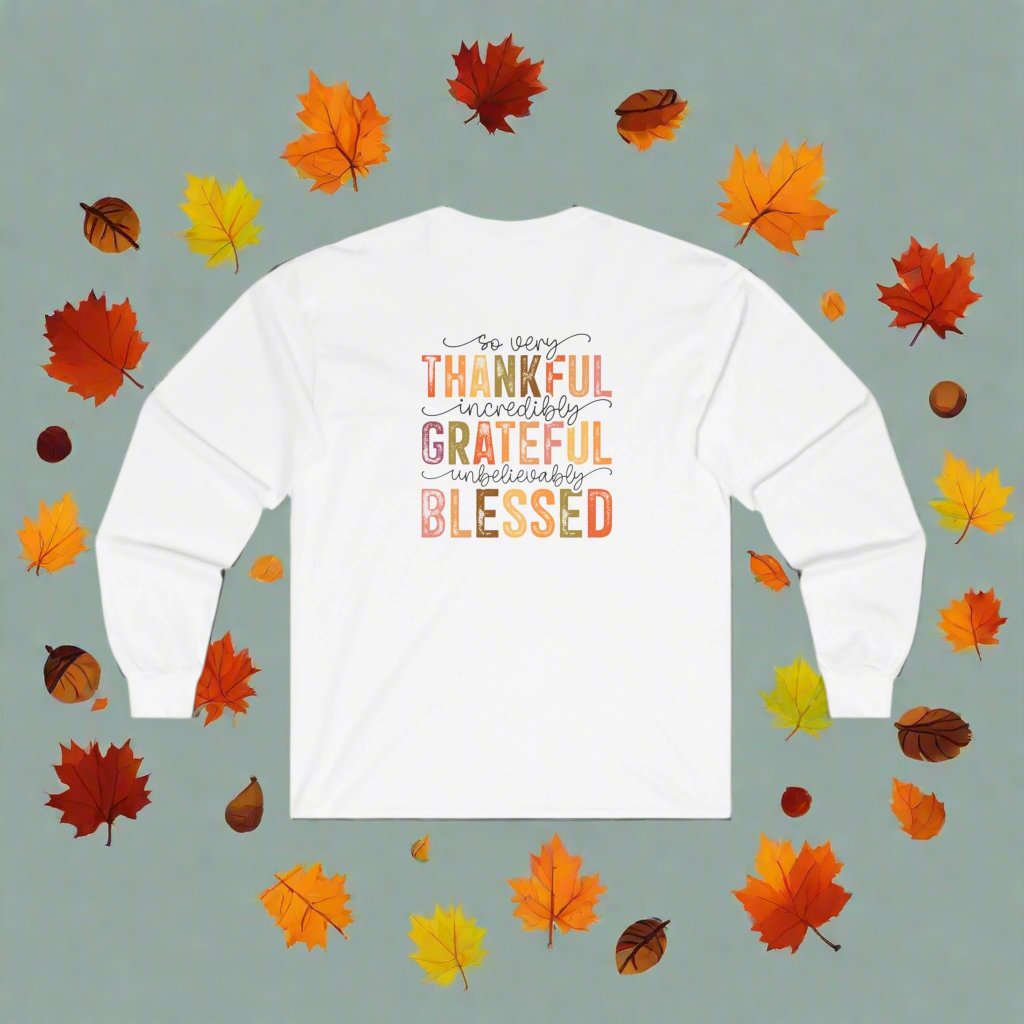 Ladies "Fall Vibes on Front & "Thankful & Grateful" on back, Ultra Cotton Long Sleeve Tee, Cotton & Medium Weight