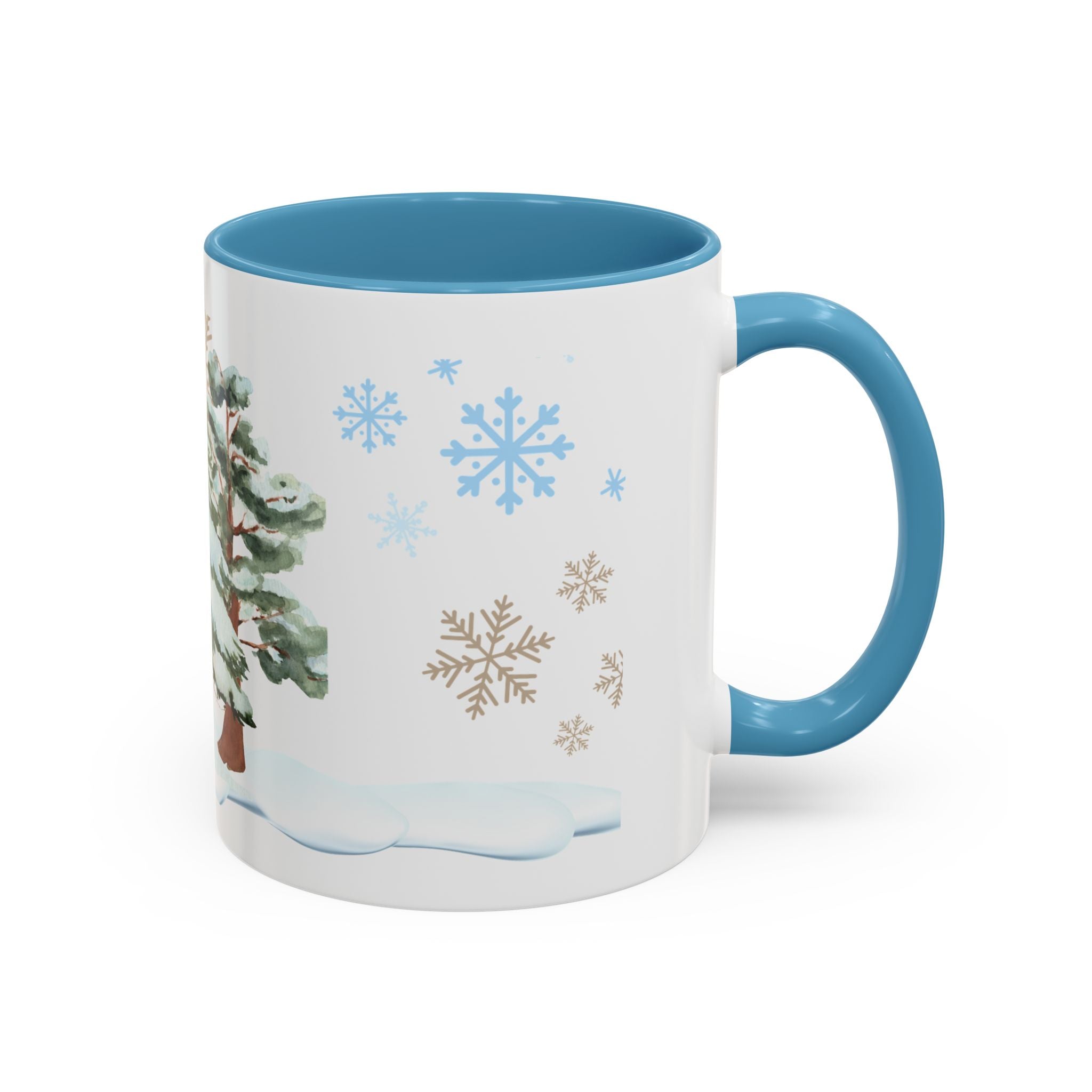 Winter trees & Snowflakes on Accent Coffee Mug (11, 15oz)in blue and red.