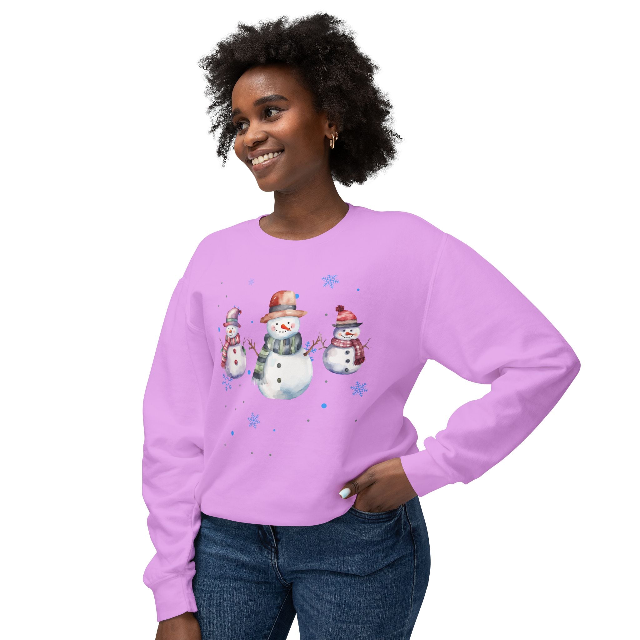 Cozy Snowman and Snowflakes Lightweight Cotton Crewneck Sweatshirt