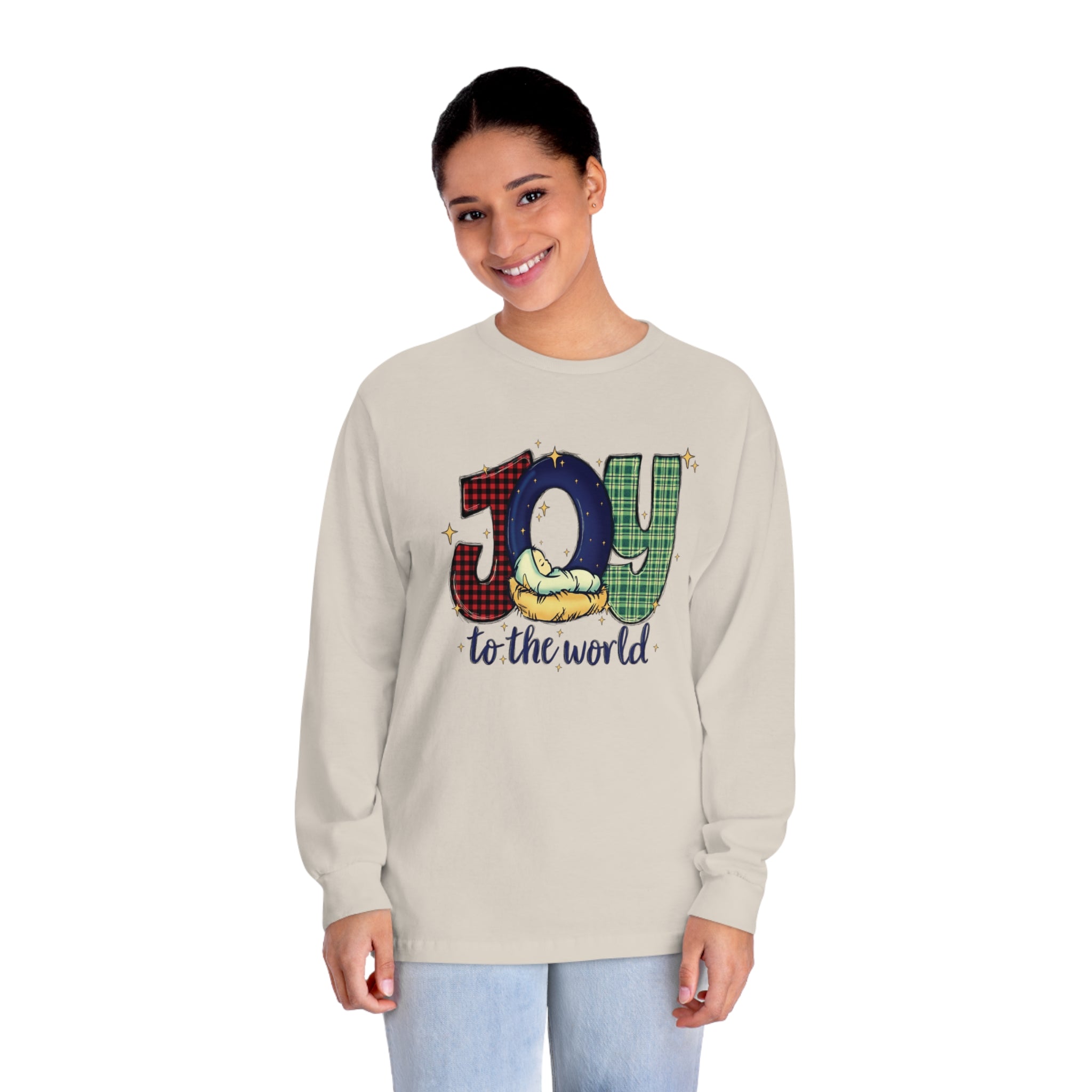 Classic Long Sleeve T-Shirt, Cotton, Medium Weight, Cool retro design, Joy to the World long sleeve, Ladies Long sleeve tee