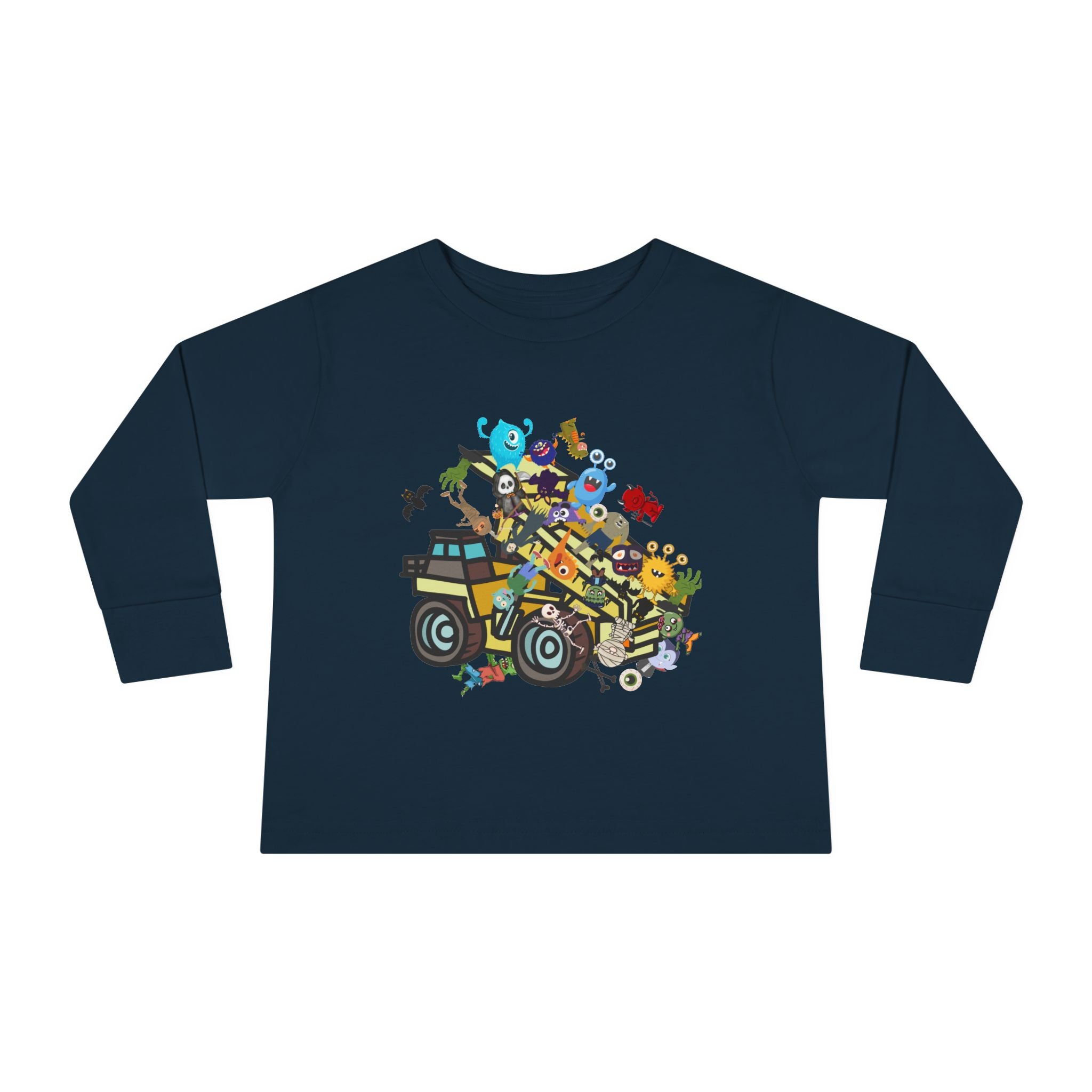 Toddler Long Sleeve Tee, dump truck with monsters & ghouls, 100 percent cotton tee. - Blue Star Merch 