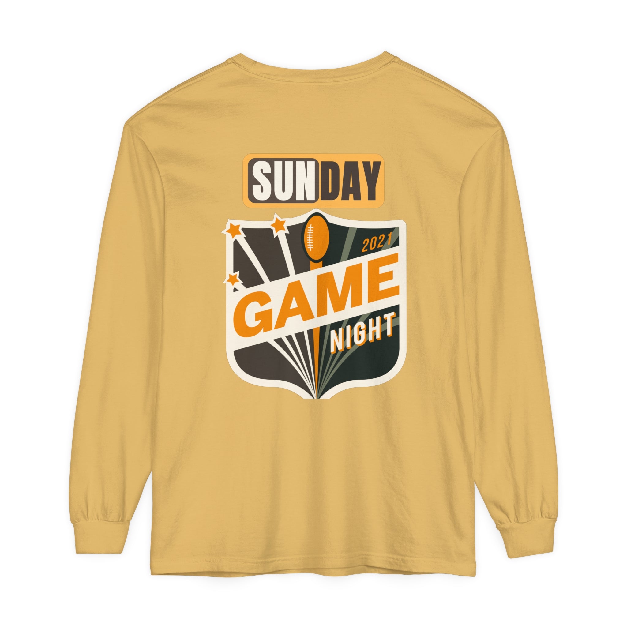 Men's  Garment-dyed Long Sleeve T-Shirt with Football on front  and Game Day on back. Cotton, Medium Weight.