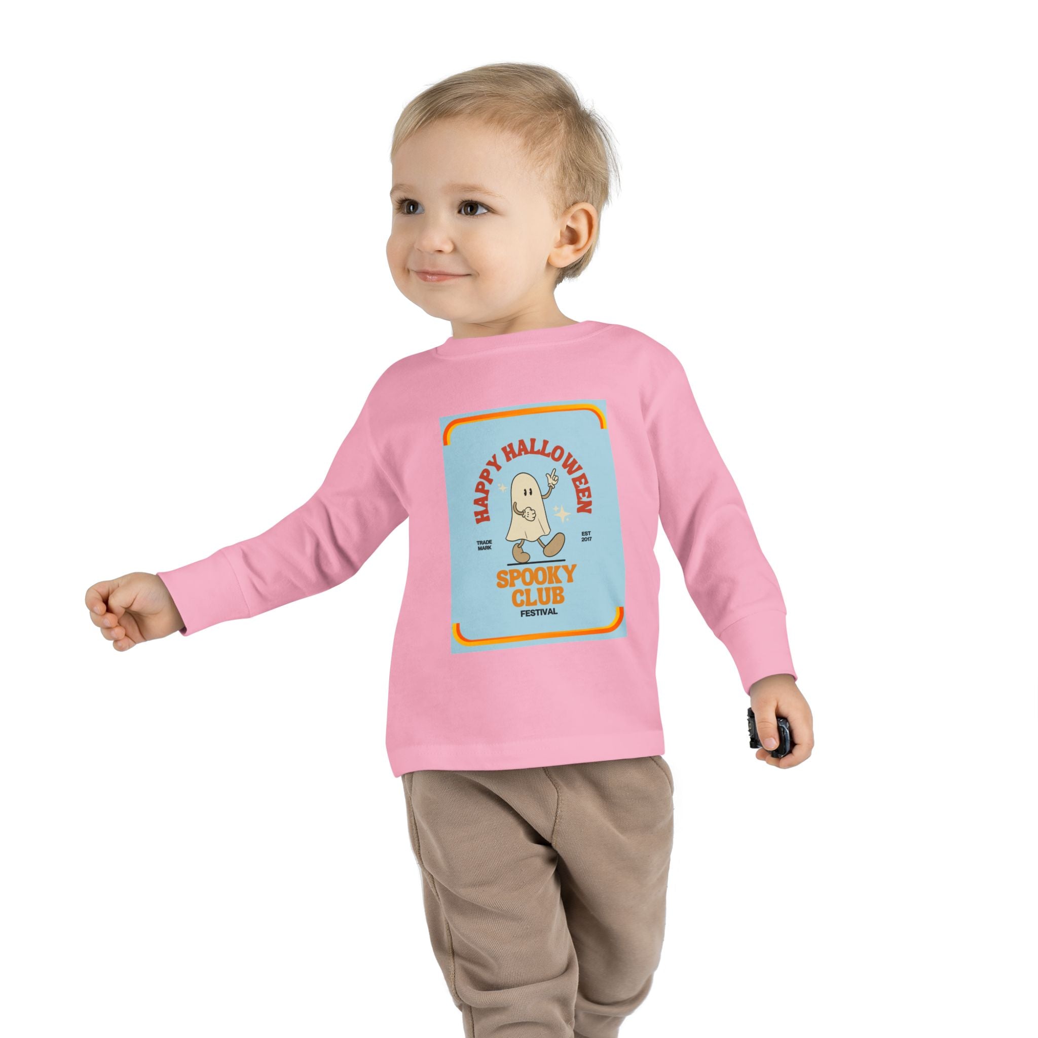 Toddler Long Sleeve Cotton Tee with Spooky Ghost Club design, Light weight. - Blue Star Merch 