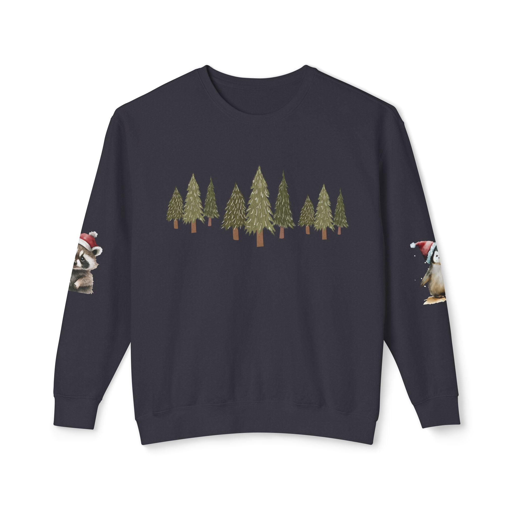 Christmas Trees (on front)  Raccoon & Penguin (on sleeves)  Unisex Cotton Lightweight Crewneck Sweatshirt