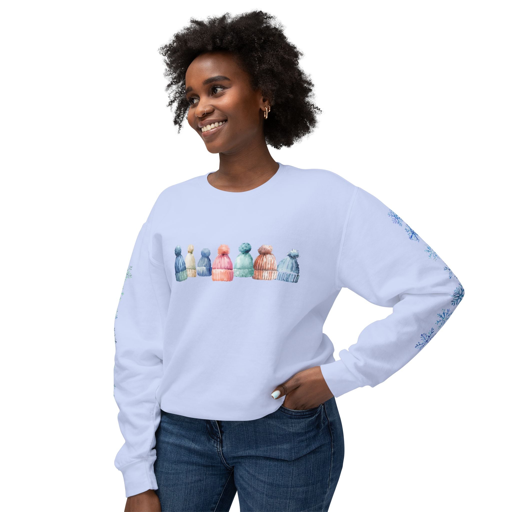 Christmas Hats with sleeve designs Lightweight Cotton Crewneck Sweatshirt