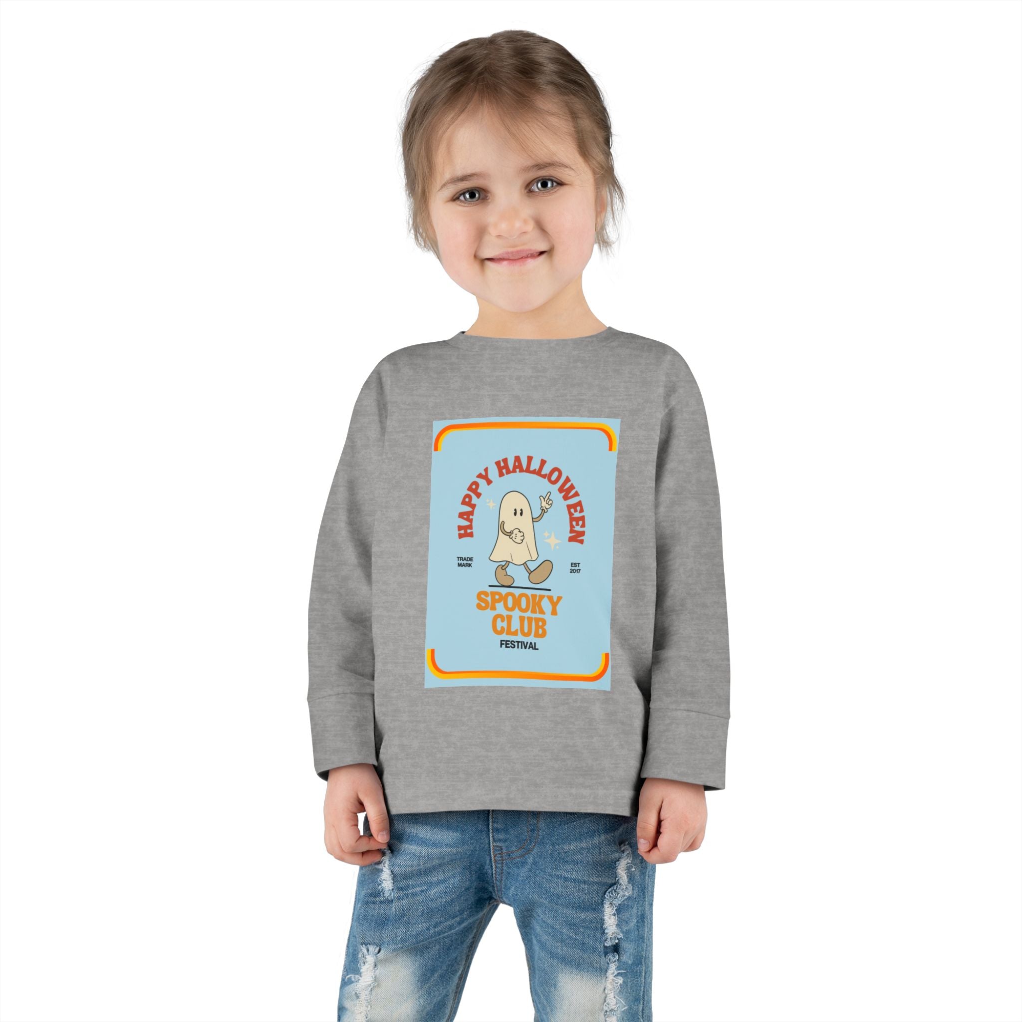 Toddler Long Sleeve Cotton Tee with Spooky Ghost Club design, Light weight. - Blue Star Merch 