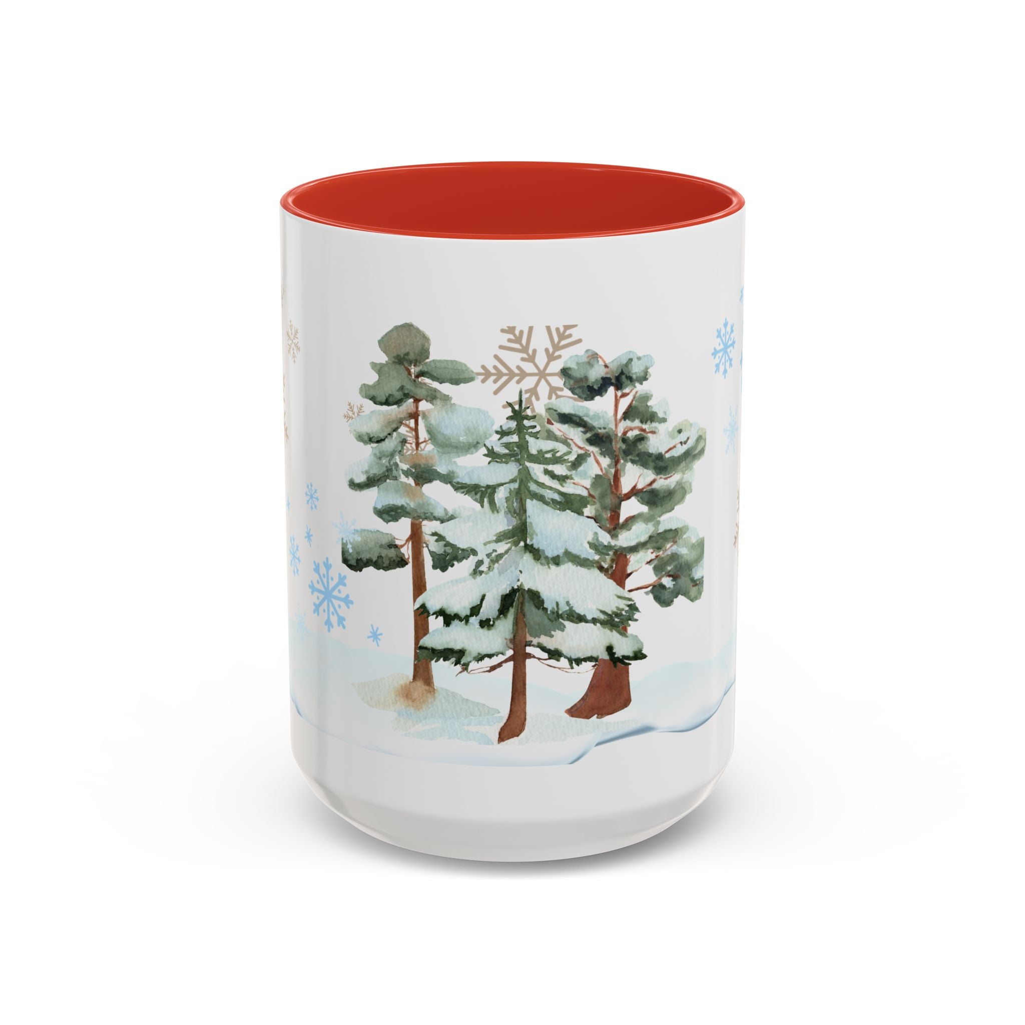 Winter trees & Snowflakes on Accent Coffee Mug (11, 15oz)in blue and red.